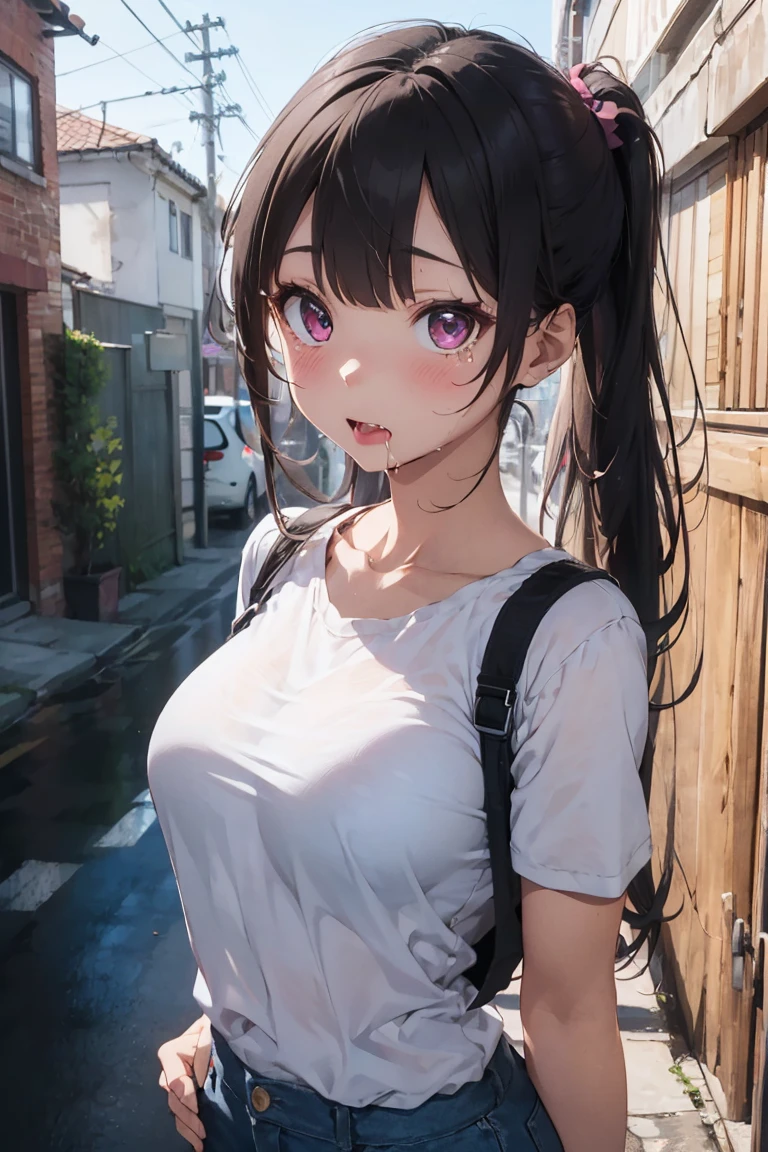 (best quality,4K,8k,high resolution,masterpiece:1.2),super detailed,(actual,realistically,realistically:1.37), Ultra high definition face, Woman in striped bikini posing for photo, ((white oversized t-shirt), ((glossy lip)), attractive girl, (gyaru:1.2), (caramel skin:1.3), jaw-dropping beauty, large breasts, Thin waist and thick hips, hourglass figure, rosy cheeks, (((beautiful black and pink mesh hair))), Alluring with a smile, Bokeh, Dynamic Angle, (((Leaning forward:1.2))), close arms, Close-up face:1.5, whole body, From below:1.2, (Correct Anatomy:1.6, Ideal body proportions, The right move:1.5, Small hands), in the city, midjourney