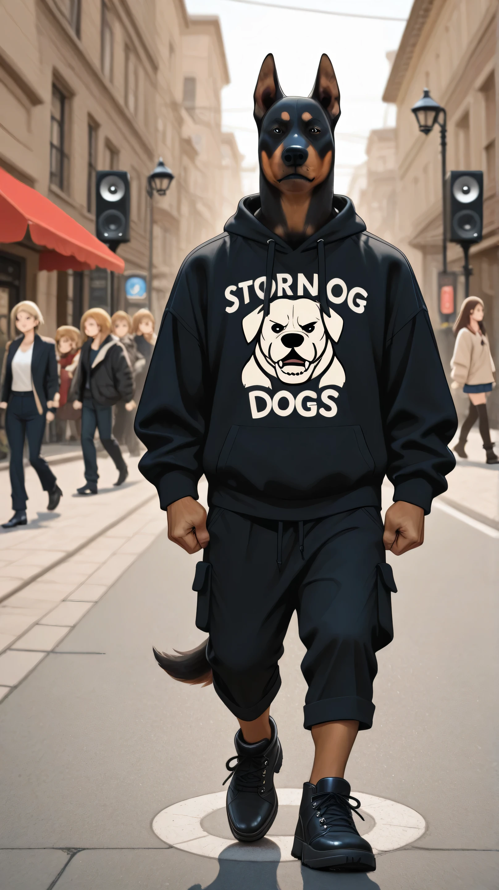 A human with an anime-style dinosaur head、wearing strong dogs on both sides。walking around European streets in street fashion、Speaker in hand、Strong dogs like bulldogs and Dobermans on both sides2Strong dogs like bulldogs and Dobermans on both sides that follow a dog
