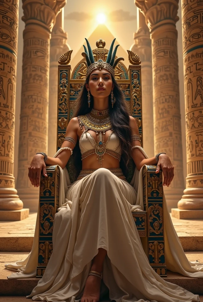 An Arafe woman wearing a costume holding a sword and sitting on a chair, beautiful cleopatra, Egyptian princess, cleopatra, Close shot of the goddess in the movie, Movie-like goddess body shots, cleopatra in her palace, beautiful goddess, beautiful fantasy empress, Egyptian style, ancient goddess, black emma watson as Egyptian, Queen of the Goddesses, movie goddess shot, Egyptian, beautiful leo goddess