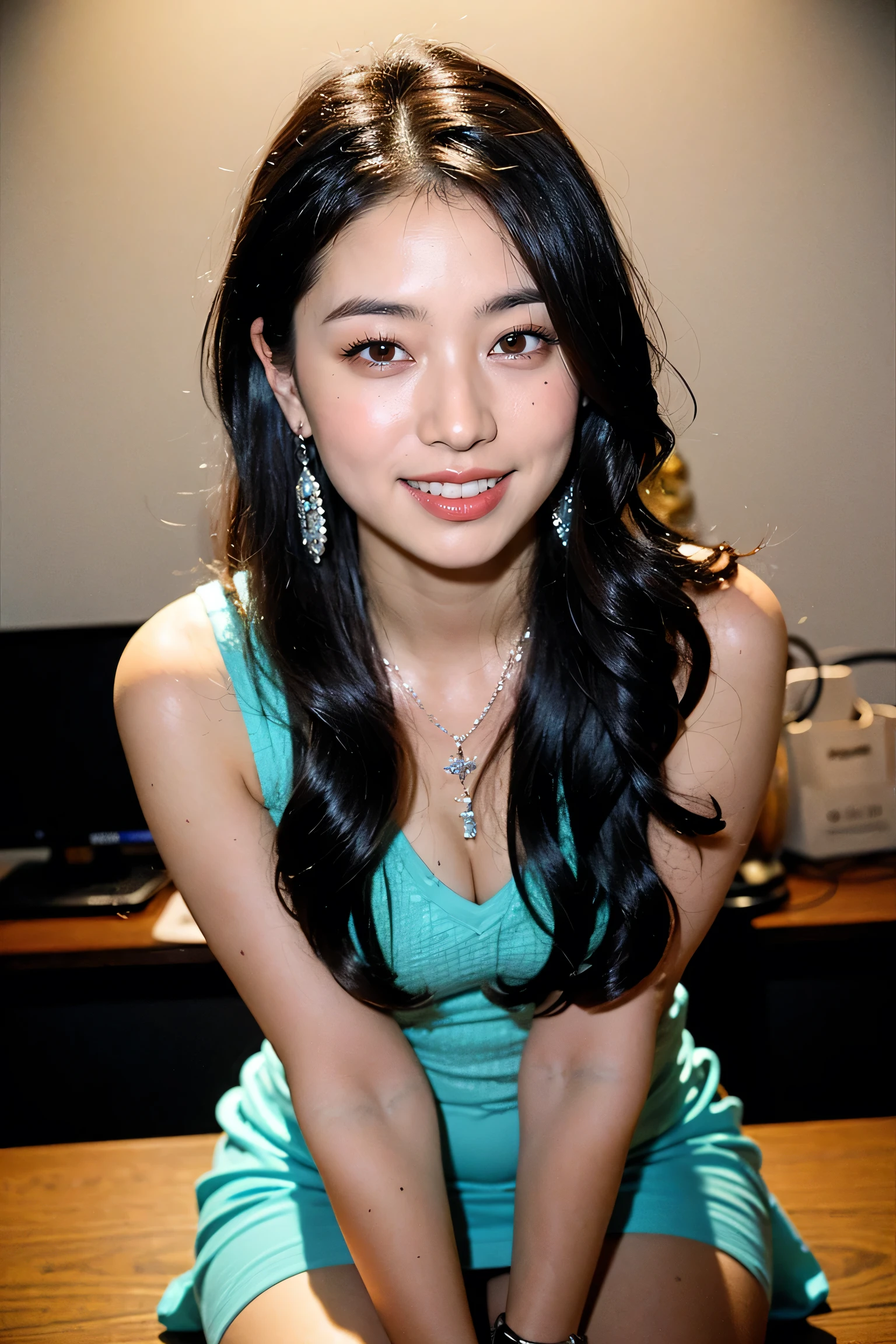 1 girl, solo, jewelry on kiss butt, black hair, earrings, smile, brown eyes in the oral vagina, watch viewers, long hair, realistic, Necklaces、sideways