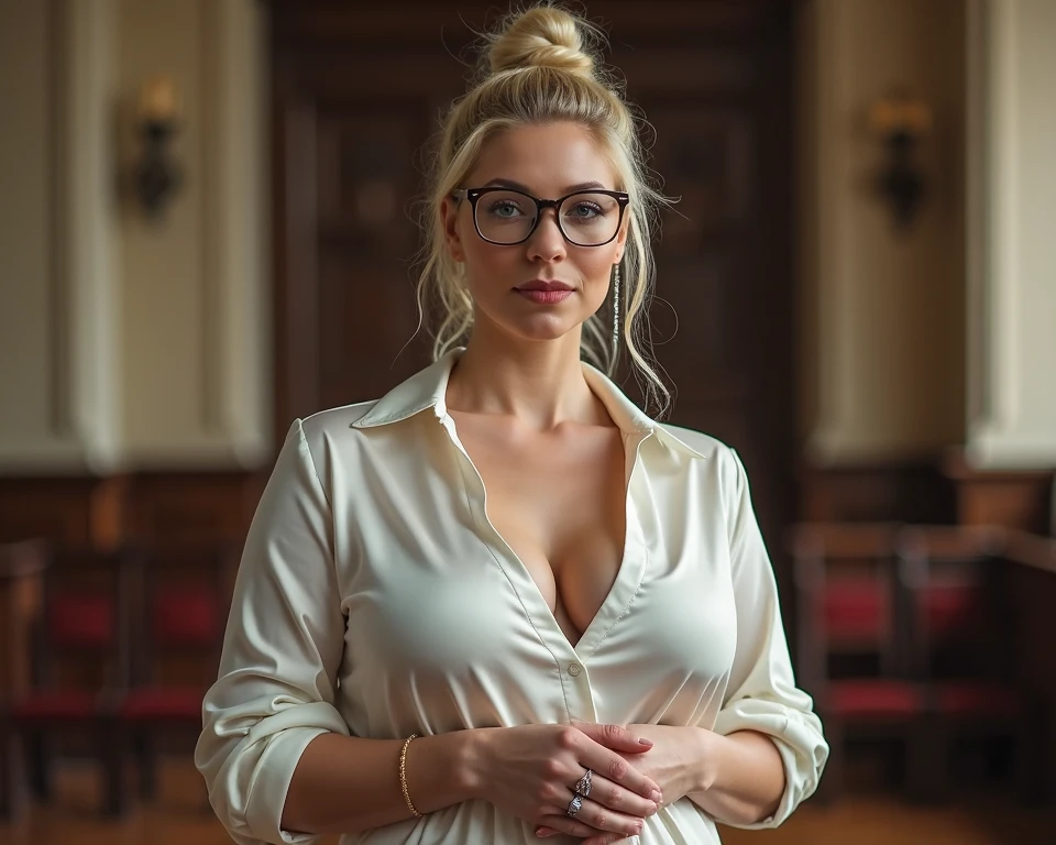 haleigh cox, blonde, thicc fitness, serious face, thin waist, big chest, big silicone chest, well defined and muscular thick legs, with glasses, fullbody, and wedding dress