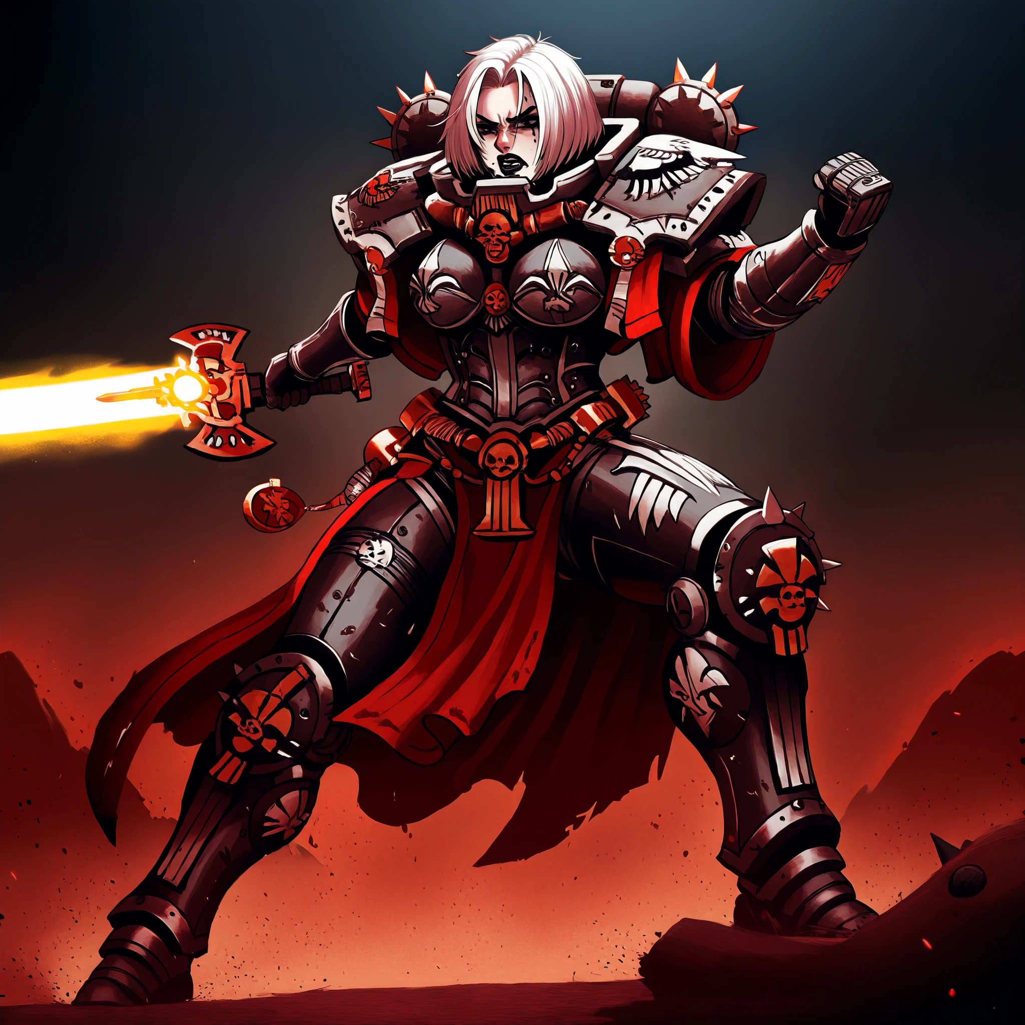 a solo alonemuscular Adepta Sororitas with white short length messy middle parted hair, black lipstick and black eyeliner, goth look (Spiked hair), wielding a glowing power sword Warhammer 40k battle pose, has one robotic leg (hair parted in the middle) angry battle pose, swinging sword, in the middle of battle, surrounded by xenos