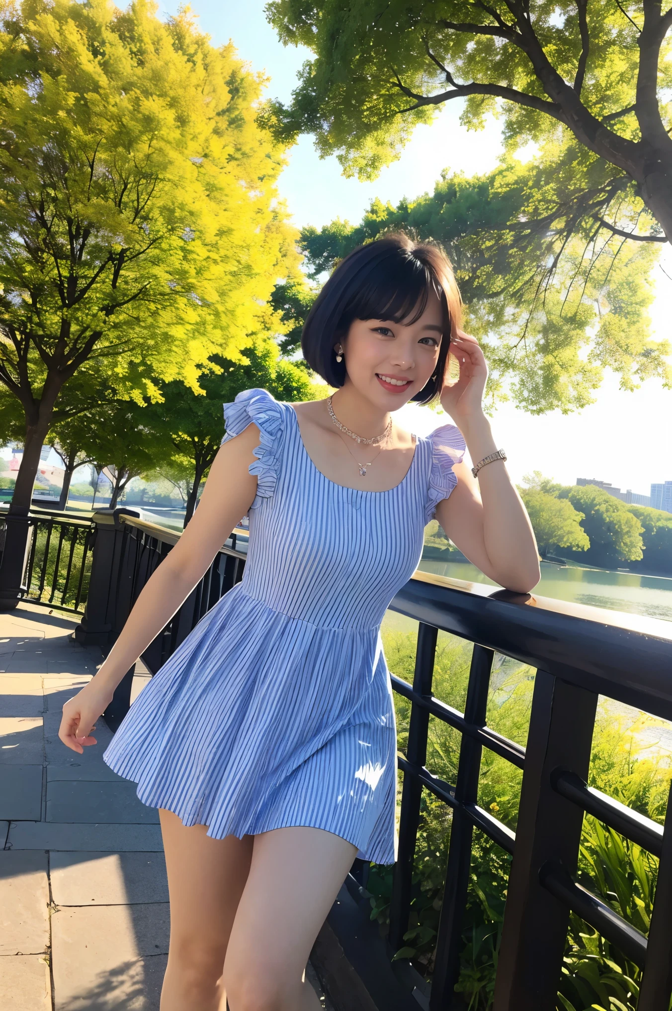       pose show me a woman who will surprise everyone.、  with a face like Grace Kelly  、City Park、Distant Building 、   I can see the blue sky in the distance    、White clouds floating、bright red striped dress  、  short hair 、  bob cut 、 sneakers 、laugh a little、Look at me with kind eyes、Slightly pointed lips、Bangs fluttering in the wind、 front view、  raise your face、Soft Backlit、   earrings 、  Necklaces  、  bracelet、