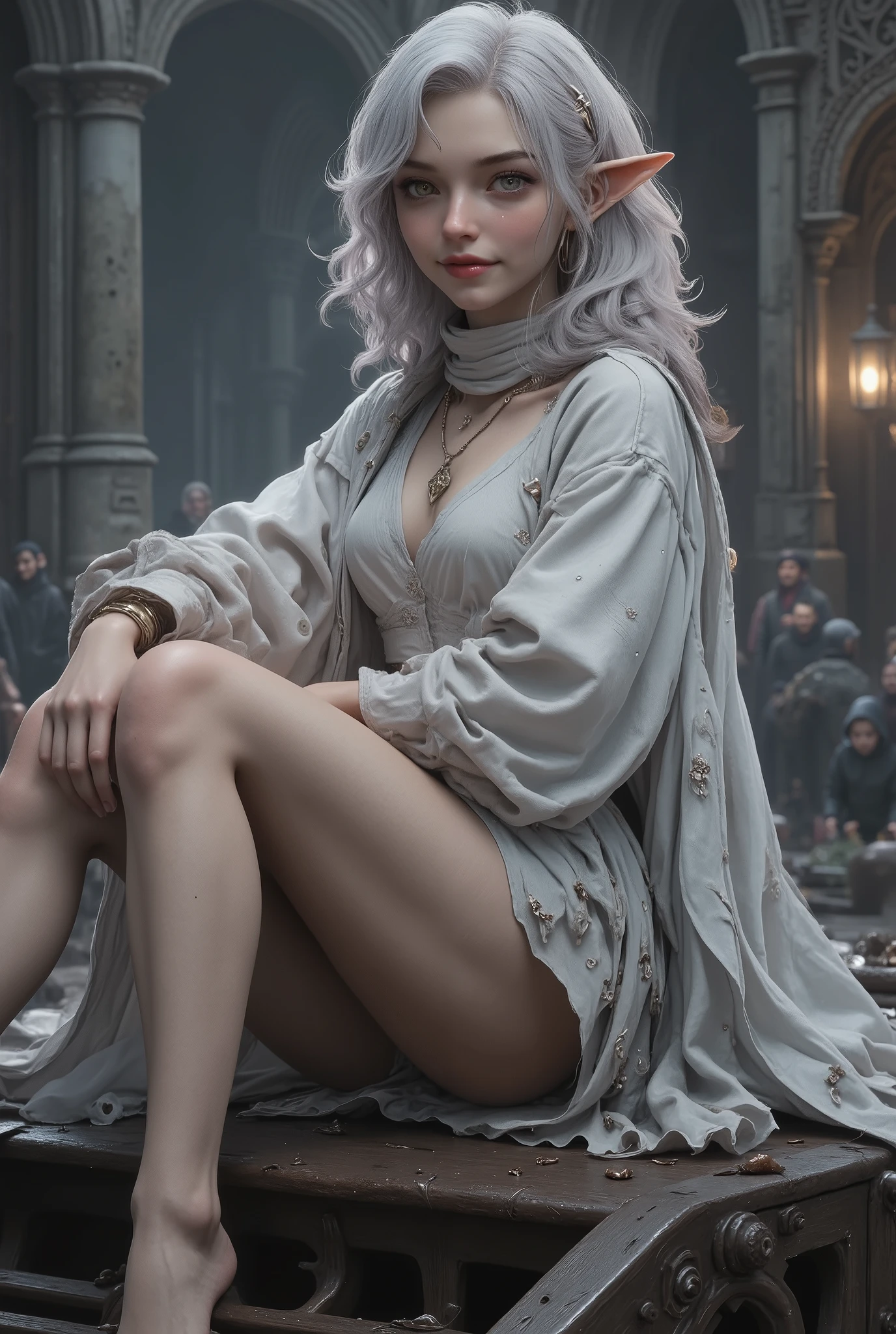 beautiful birch hair、short hair,Elf girl with glowing ivory eyes、dark fantasy、Sacred、pointed ears、BIOLOGICALLY CORRECT、smile、medieval white robe,cloak,I'm showing off my legs 、fine skin、long hair、light、reflection、beautiful legs , great detail of body and face in a sensual and erotic pose. detailed depiction of the background and environment. red lips, sensual. On top of the tower,Overlooking,