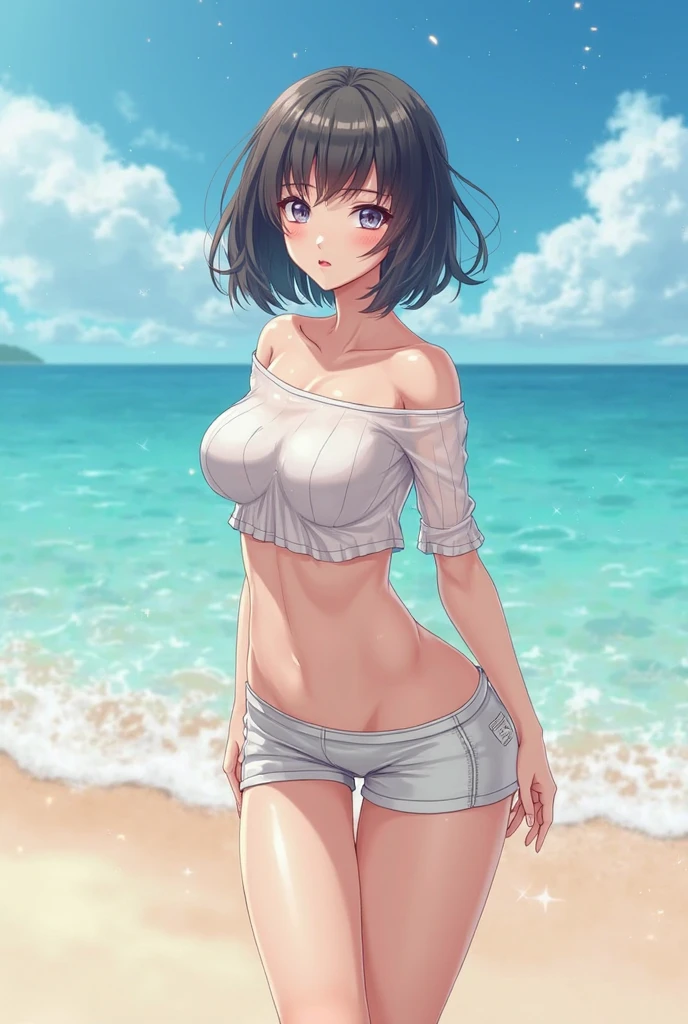 (Highest quality、masterpiece、High resolution、8K)、Vibrant colors、Young and beautiful woman 1、whole body、Brown and black short bob、barefoot、(Detailed face、Beautiful Eyes、Beautiful nose、Pretty lips)、Ample beautiful breasts、Beautiful cleavage、White shirt and shorts、Running on the beach、A refreshing smile、Official Art、The background is the sea、blue sky、White waves and wide sandy beach、Wide forest、White Entrance Cloud、