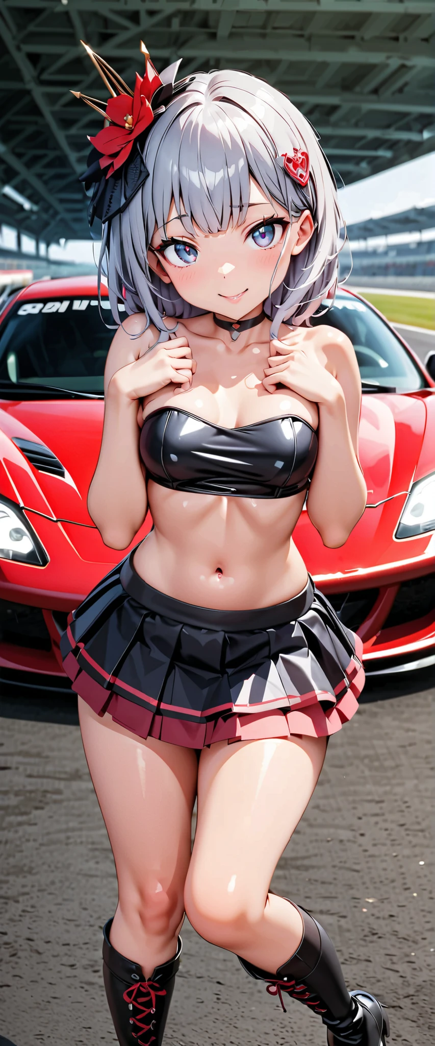 top quality, super high definition, 1 person, small breasts, black choker, smile, exposes your shoulders, just focus , Viewer,white skin,Car Race Track, photon mapping to Viewer, Physically Based Rendering, RAW photo , Highly detailed background, K-pop idol , depth of field, hair ornament, Detailed Faces, glowing skin, game CG,full body, shiny micro mini skirt ,Shiny Microtube Top,shiny knee-length long boots , lace queen with her ,big breasted, cute pose , tall and low sports cars,gross lips,