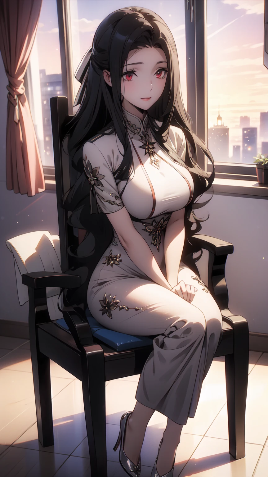 8k_wallpaper, extremely detailed eyes, extremely detailed body, (large masterpiece digital art), (detailed manga illustration), (detailed line art), ((perfect anatomy)), (intricate details:1.3), (ultra-detailed:1.3), (illustration:1.3), (sharp focus:1.3), (natural lighting:1.05), (vivid colors:1.3), (masterpiece), (best quality:1.4), (perfect anatomy:1.4), high quality, expressive eyes, full body, detailed face, beautiful face, perfect face, 1 girl, medium breasts, black hair, curly hair, wild hair, detailed hair, white dress shirt, black pants, pale skin, sapphire-blue eyes, demon, blue halo, sheep horns, curled horns, (horizontal pupils), sexy face, pointy ears, splash art, the demon girl, curvy, sitting in an office chair at a desk with feet on desk, black high heels,