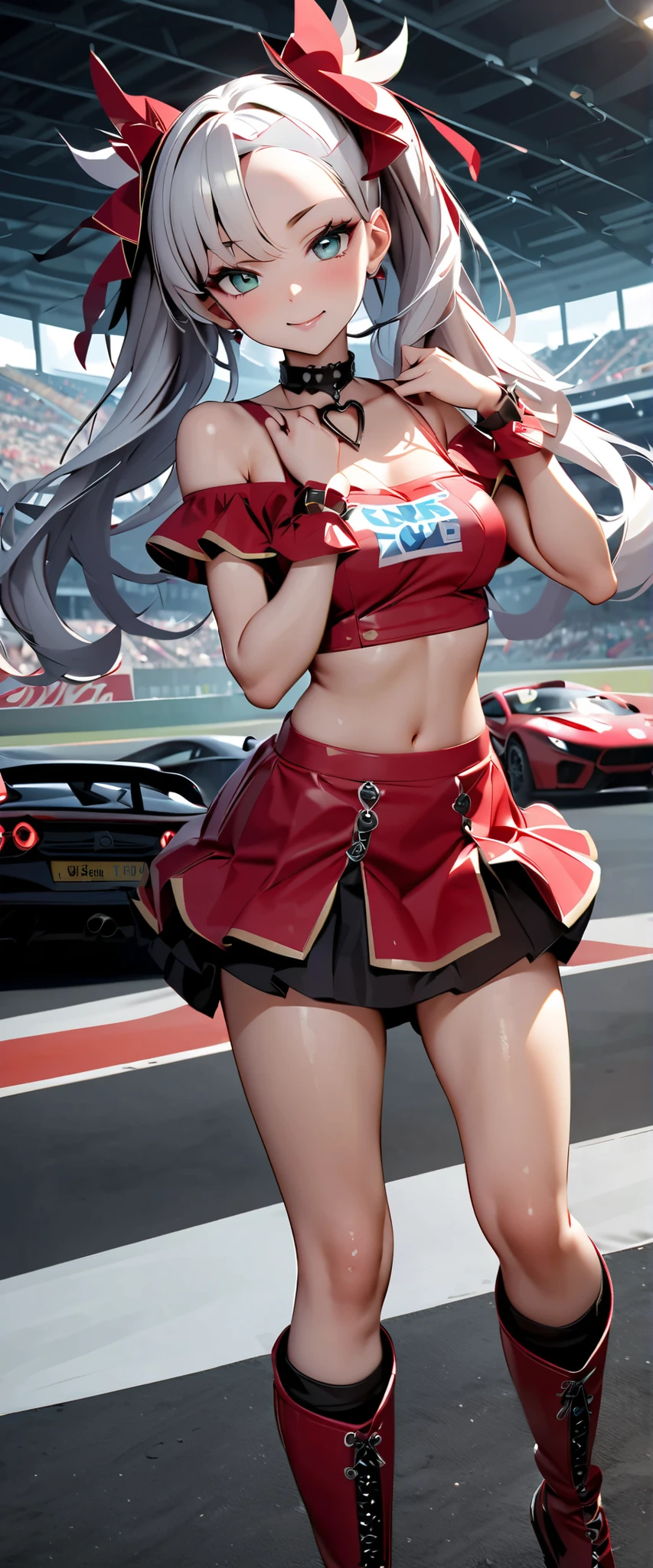 top quality, super high definition, 1 person, small breasts, black choker, smile, exposes your shoulders, just focus , Viewer,white skin,Car Race Track, photon mapping to Viewer, Physically Based Rendering, RAW photo , Highly detailed background, K-pop idol , depth of field, hair ornament, Detailed Faces, glowing skin, game CG,full body, shiny micro mini skirt ,Shiny Microtube Top,shiny knee-length long boots , lace queen with her ,medium bust, Sexy Poses, tall and low sports cars,gross lips,Marie