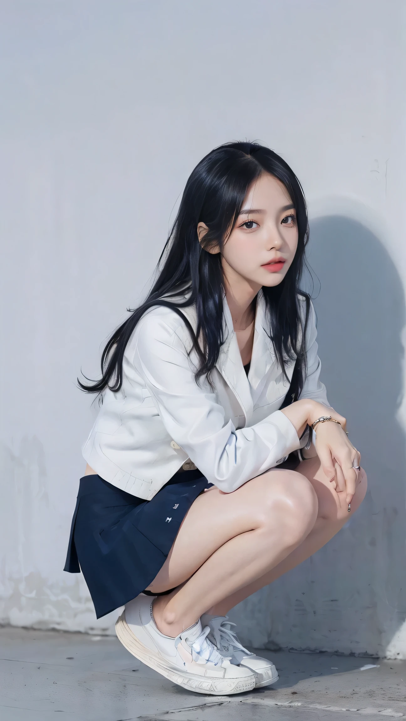 photograph, (((korean young woman:1.5))), long black hair, straight hair, (((Tall:1.5))), (((Long legs:1.5))), (((School uniform:15))), (((White shirt:1.5))), (((tight-fitting navy mini skirt:1.7))), (((white sneakers:1.5))), (((navy cropped blazer:1.5))), standing, playground, daytime, clear sky, trees, fence, concrete ground, ((cute:1.5)), slim, Asian, (((big breast size:1.5))), bangs, neutral expression, summer, natural light, (((full body:1.5))), high resolution, no watermark, sunny, slender legs, flat stomach,(((Slim waist:1.5))),(((초고화질:1.5))), 레티나, (((최고 품질:1.5))), 걸작, (((고화질 모델:1.5))), (((매우 상세한:1.5))), 