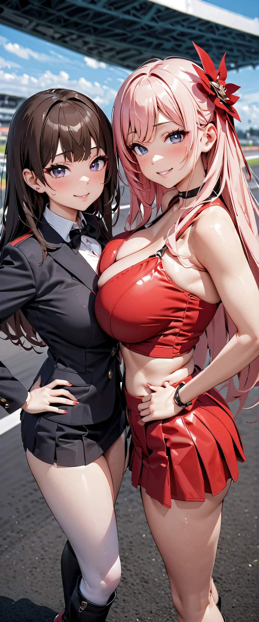 top quality, super high definition, two women facing each other with huge breasts, black choker, smile, exposes your shoulders, just focus , Viewer,white skin,Car Race Track, photon mapping to Viewer, Physically Based Rendering, RAW photo , Highly detailed background, K-pop idol , depth of field, hair ornament, Detailed Faces, glowing skin, game CG,full body, shiny micro mini skirt ,Shiny Microtube Top,shiny knee-length long boots , lace queen with her ,medium bust, Sexy Poses, tall and low sports cars,gross lips,