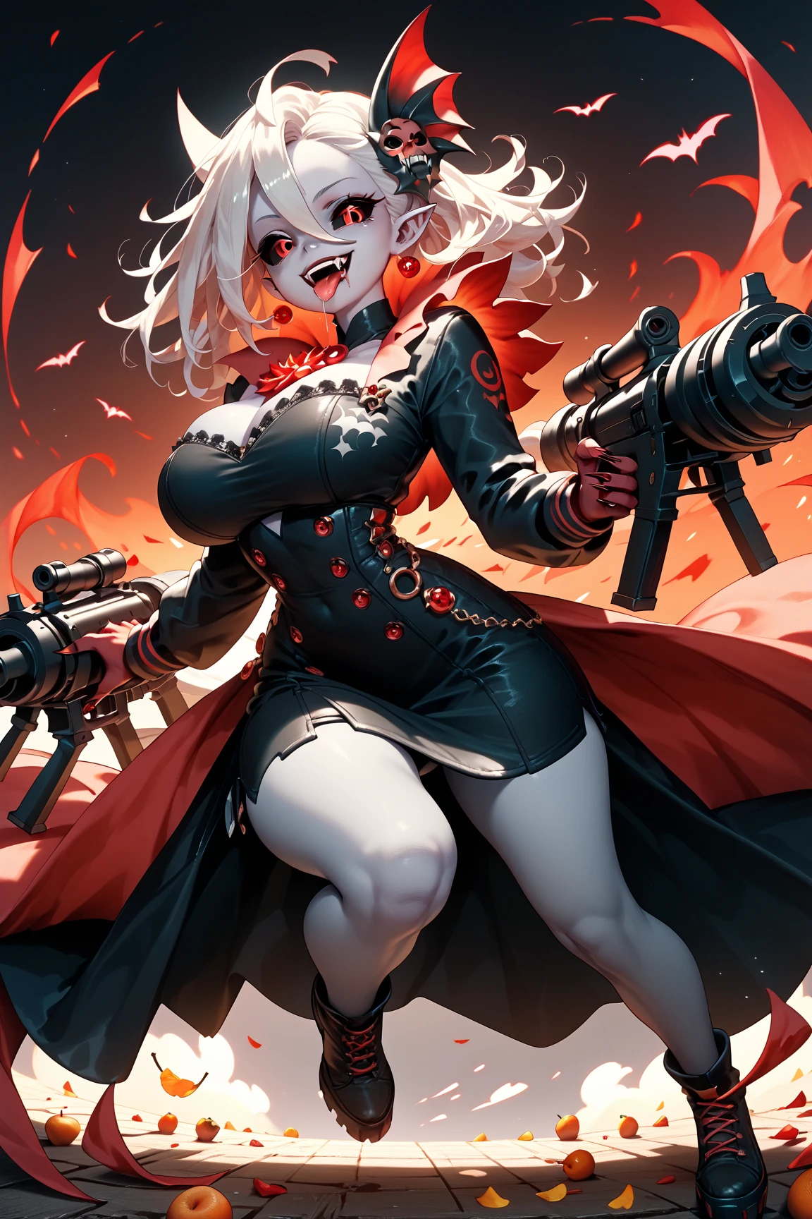 (absurd res, 8K, 4K, tmasterpiece, Ultra-extreme detail:1.2), Best quality at best, Expressive eyes, s the perfect face, 1个Giant Breast Girl, Alone, a matural female, Strong and tall,perfect anatomia, lux, looking at viewert,Silver hair(Red pick dye), Black military uniform(WWII German Army)(burned by flames),Black gas mask,Hang on the chest(Covering the German Army in World War I) Black leather trench coat(burned by flames),Black hairpin, long whitr hair, Princess cut,Qi bangs,red pupils(Black whites of the eyes),Elf ears(Extremely long),ear studs,Red lips,The whole body is wrapped in fire and burned,Permanent, Madness, brutal, unholy, Black leather boots, Plate horns(maximum), hell, Very wide open mouth,Maniacal smile, fang, Black leather gloves, Black leather boots,Black tights,Black and red sky, during night, Trench ruins background,explosion background