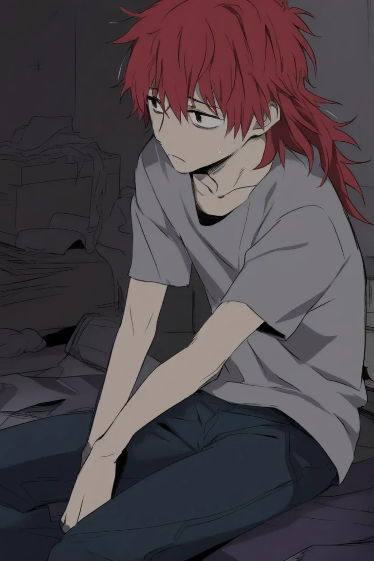 a guy with red sloppy short hair, gray eyes, wet his diaper with a gray sweatshirt