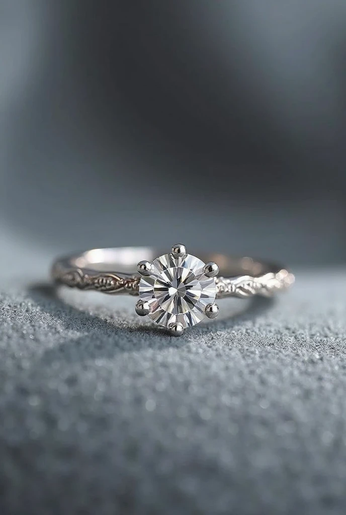 A delicate silver ladies' ring with a white diamond in a classic solitaire setting. The slim 2 mm ring has a polished finish with subtle details of delicate milgrain vine engravings along the edges. The floral-cut diamond is supported by four fine prongs, delicate engravings, elven aesthetic design, 8k rendering, soft diffused lighting against a gray velvet background, hyper-detailed textures.