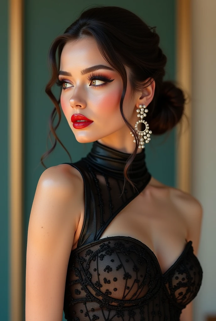 masterpiece, Highest quality, 8K, Official Art, Cinematic Light, Ultra-high resolution, perspective from diagonally below、 Tie your hair back tightly、One Mature Woman, 45 Talent、Beautiful Face、Sexy mother, Earrings, View your audience, hoop Earrings, Brown Hair, Brown eyes, Brown background BREAK Purple underwear、, Red lips、Detailed face、Fine grain、Detailed gaze、