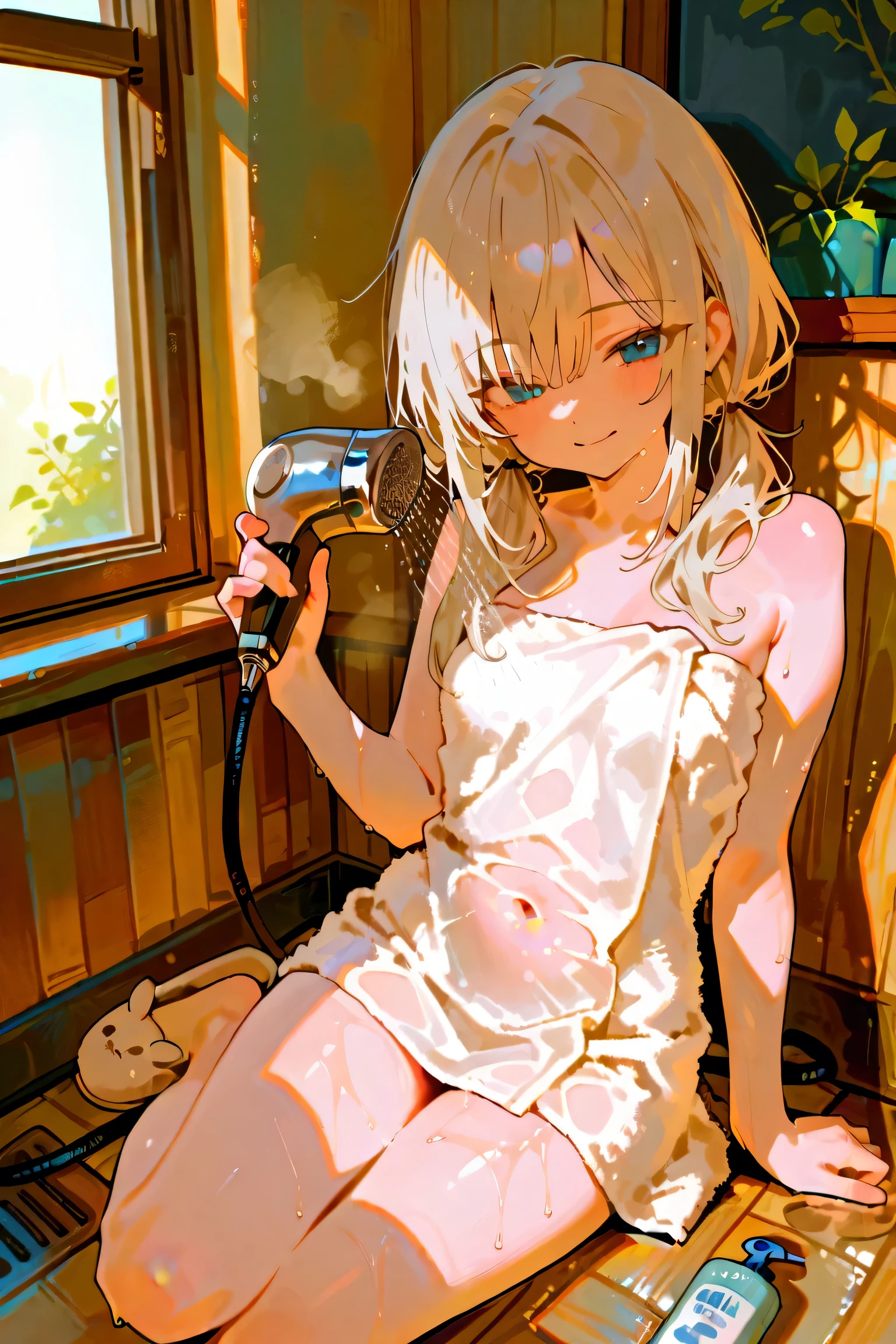 Arafe woman sitting on the deck of a ship drinking tea, On the Sea, ((((Completely naked))))　 NSFW　(((Long blonde hair))) (((Toddler girl))) ((()))　((Transparent white see-through dress))