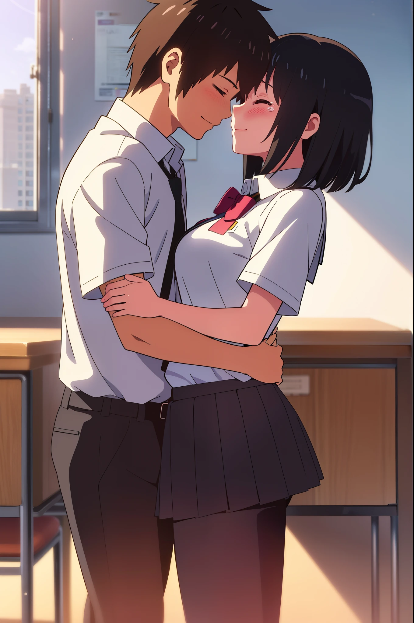 shinkai makoto, kimi no na wa., 1 boy, buzzcut, school uniform, boy is behind girl, touching boobs, breatsgrope from behind, behind back, hug back, hugging, neck kiss, 1girl, black hair, bow, red bow, brown eyes, collared shirt, headband, red headband, bow, red bow, ribbon, red ribbon, school uniform, shirt, short hair, open mouth, couple, sweater vest, vest, vest lift, vest lift up, white shirt, open clothes, open shirt , partially unbuttoned shirt, boobs, medium breast, light pink bra, bedroom, night, sit on bed,1 boy, buzzcut,