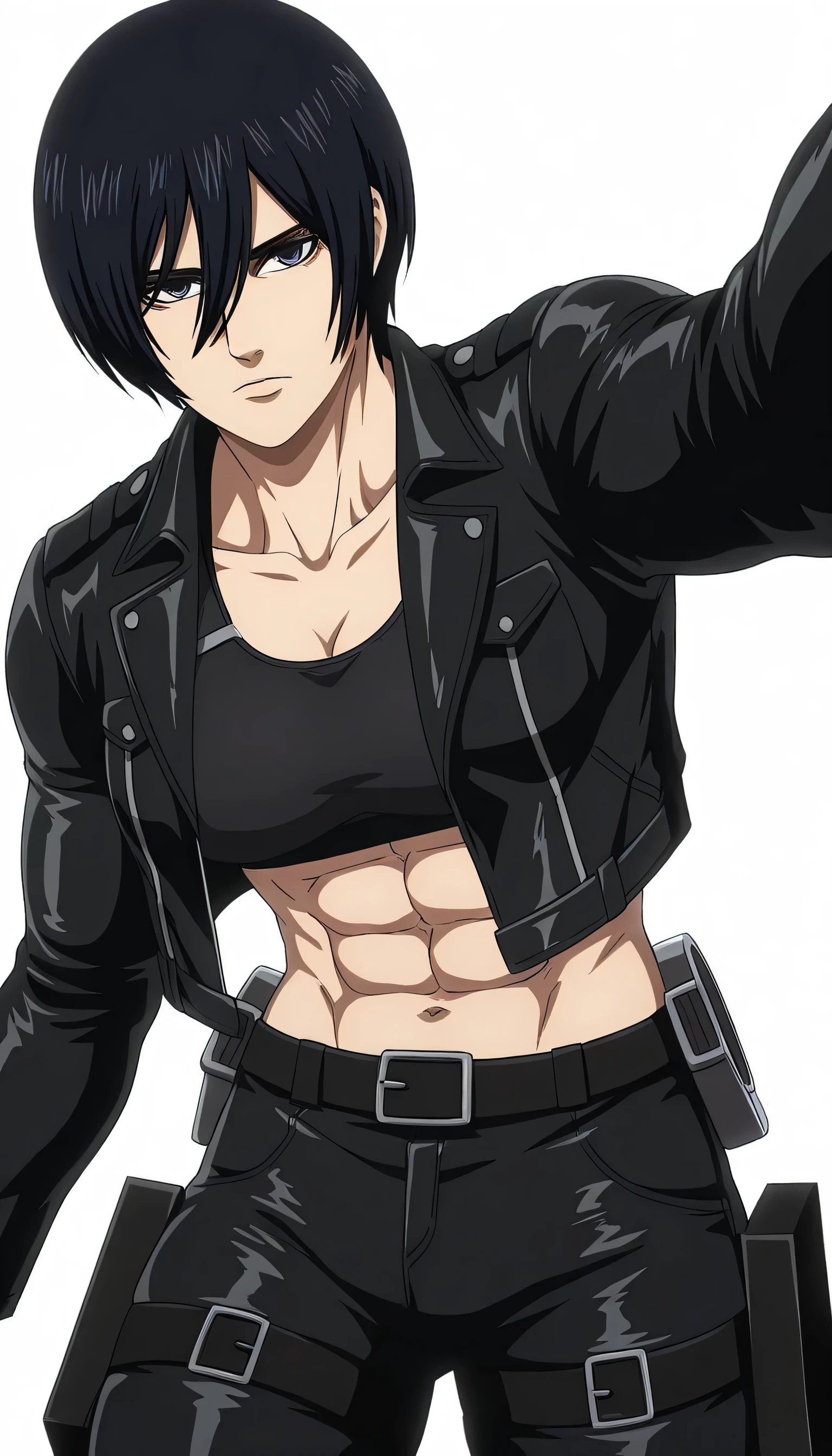 anime coloring, anime screencap, mikasa ackerman, 1girl, solo, short hair, black hair, towards viewer, badass, closed mouth, black sport bra, , belt, black pants, standing, cowboy shot, reaching towards viewer,, white background, simple background, masterpiece, best quality, highres, very aesthetic, very awa, newest, amazing details, intricate details, ultra detailed,six-pack,bluge between mikasa legs indicates that she have non erect penis,tone six-pack,lean,Matching design own anime,metal muscles designed,sexual pelvis muscles,mikasa handsome face,mikasa princes face,serratus anterior muscles,moderate body size,wearing black leather jacket sleeves 