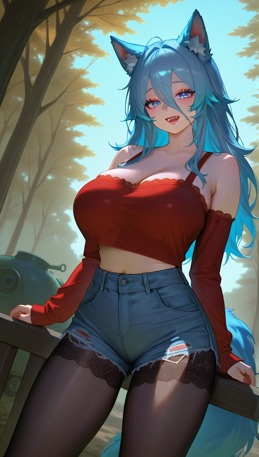 SFW,(Best Quality,Unparalleled Masterpiece:1.4),Ultra-Detailed CG 4K,,(Ultra-Detailed Clear Absurdly-Vivid Mint Big Eyes:1.2),Gorgeous Detailed Milfe(Voluptuous:1.4)(Gigantic Breasts:lue indigo and red Hair: 1.4),ADULT(Bangs, Sidelocks:1.2)Seductive(intately detailed beautiful dress:1.3)(Celestine Lucullus: 1.2)(Solo:1.4)(1Girl5)(Facing Viewer:1.2)(arms behind back:1.2)(Cowboy Shot:1.2)(from above:1.1),Skindentation(Curvaceous:1.4)(Curvy:1.4)(Bimbo: 1.4)(Normal Wai.2)(Thick Lips: 1.3)small-nose(light smile: 1Rocks,Trees, Plants,Bush, (shy blushing face:1.4) dynamic pose,