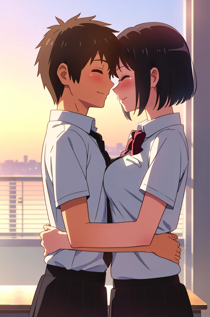 shinkai makoto, kimi no na wa., 1girl, 1boy, bangs, black hair, blush, (boy wear black uniform), ((girl wear sailor uniform, blue sailor collar, blue sailor color, blue skirt)), red headband, red bow, red ribbon, short hair, cute, love, couple, adorable, dating, (((kiss, deep kiss, tongue, saliva))), closed eyes, passionate hug, cherry_blossoms, falling_petals, petals, branch, pink_flower, blue_sky, spring_season, tree, Upper body portrait