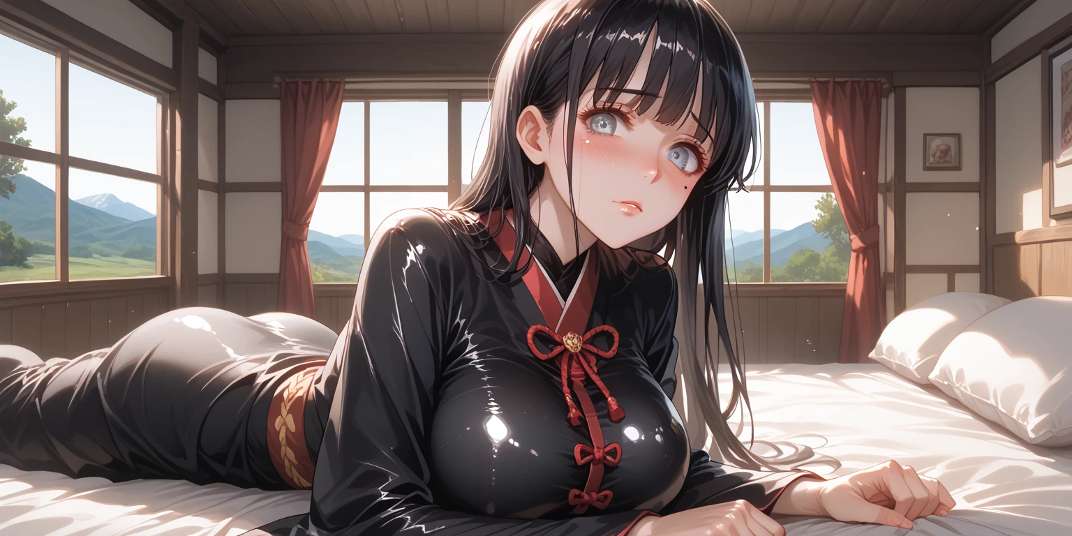mastute piece,Best Quality,insanely detailed,8k cg,nsfw,
(shoot upper body:1.3),
(1girls:1.3),standing,looking at viewr,body in front,both arms behind back,(Ao Dai),(bare breasts:1.4),
break,
blush,shy,(ecstasy face),(trembling:1.2),break,(Black Hair:1.4),
break,
perfect breasts,perfect teats,(open mouth:0.9),(large breasts:1.3),
(Chinese restaurant)、