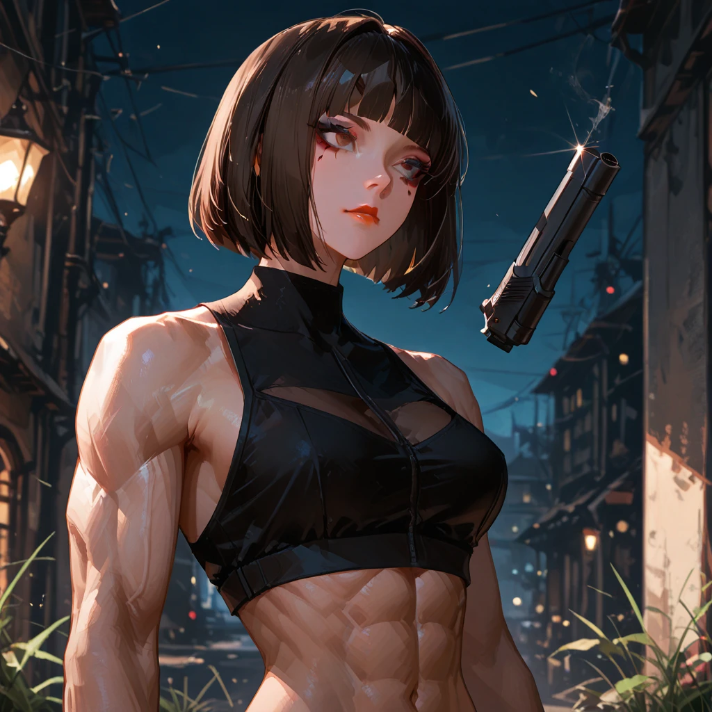 a muscular woman,six pack abs, ripped body, female, naked, full body, standing, armpit (best quality,4k,8k,highres,masterpiece:1.2),ultra-detailed,(realistic,photorealistic,photo-realistic:1.37),intricate details,highly detailed face and eyes,extremely detailed skin and muscles,detailed sarada uchiha character,hyper detailed and realistic,dark fantasy,dramatic lighting,cinematic composition