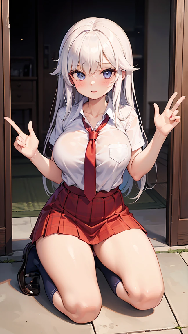 ((wavy white long hair):1.3,beatiful detailed eyes,Perfect proportions,eyes with brightness,The face is red,Very red,Very shy,choker necklace,ear jewelry,Pink and moist lips),1 sexy beauty with big breasts,Squat in the street,spread their legs,V gesture,Elegant and beautiful hairpins,White wavy curls,Bare-legged and high heels,Student uniform,White shirt with black pleated skirt,white stockings,high-heels,red necktie,Dignified and capable,((8K,tmasterpiece,realisticlying),(Hyper-detailing,Ultra-clear,naturey,)