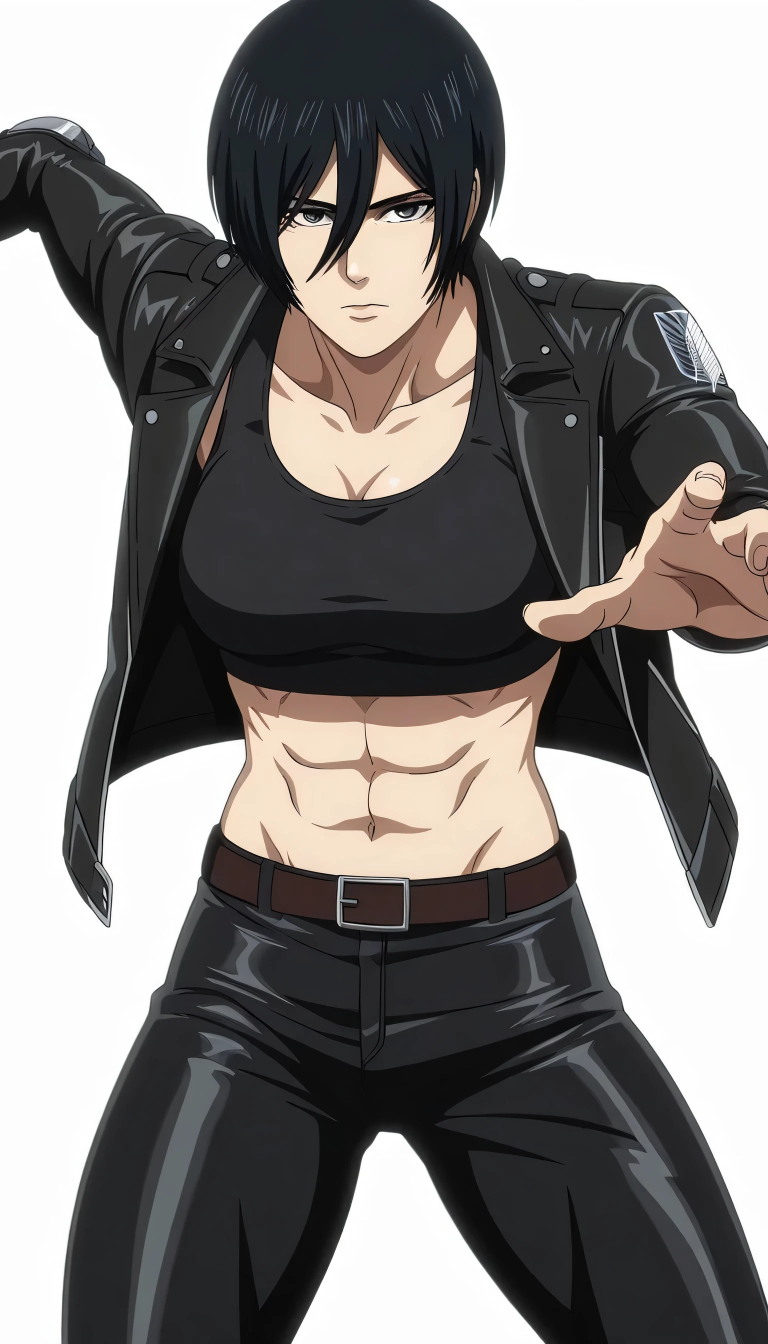 anime coloring, anime screencap, mikasa ackerman, 1girl, solo, short hair, black hair, towards viewer, badass, closed mouth, black sport tank top, , belt, black pants, standing, cowboy shot, reaching towards viewer,, white background, simple background, masterpiece, best quality, highres, very aesthetic, very awa, newest, amazing details, intricate details, ultra detailed,bluge between mikasa legs indicates that she have non erect penis,tone stomach,lean,Matching design own anime,metal muscles designed,mikasa handsome face,mikasa princes face,,moderate body size,wearing black leather jacket sleeves