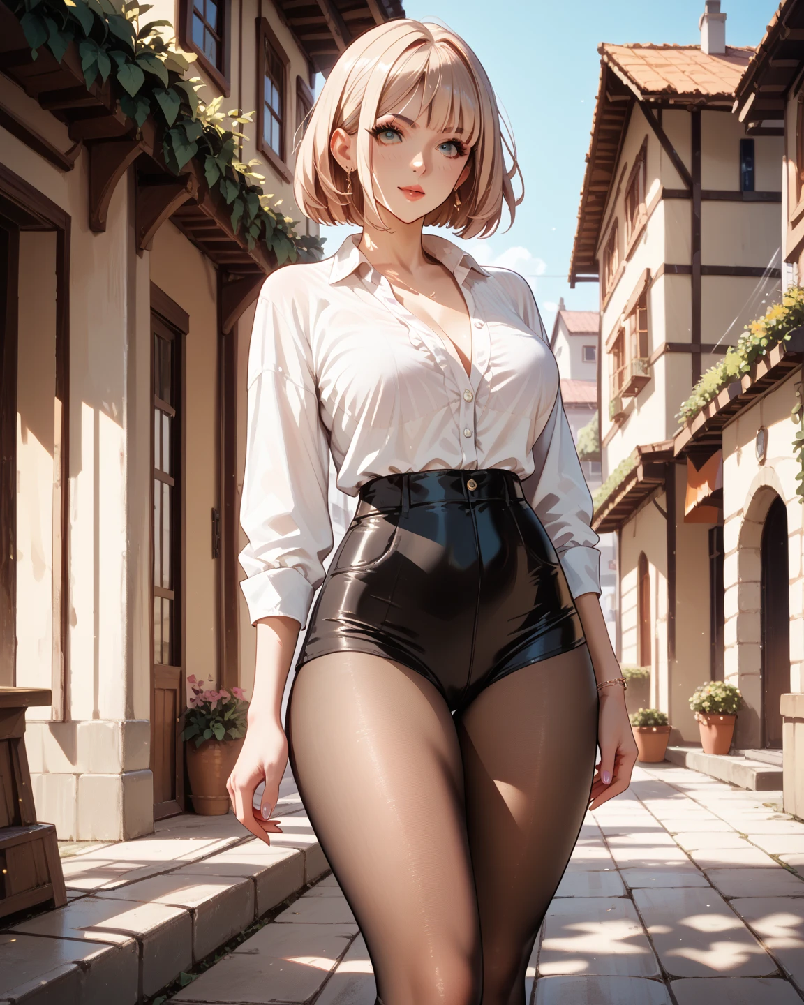 (best quality, masterpiece, colorful, dynamic angle, highest detailed),
(fashion photography of cute Bebahan:1.2), (curvy body:0.9), low waist (seamless red unicolor pantyhose:1.3), (button-down shirt:1.2),intense red hair, Half-Up Half-Down, green eyes, big breasts, (showing breasts), (nipples:0.8), smile,
(Terrace:1.2),
(ultrahigh resolution textures), in dynamic pose, bokeh, (intricate details, hyperdetailed:1.15), light passing through hair, colorful art, flat background,
<hypernet:pantyhose_g2:0.4> <lora:add_detail:0.4> <lora:20d_v10:0.2> <lora:detailed_eye-10:0.5> <lora:LowRA:0.5>