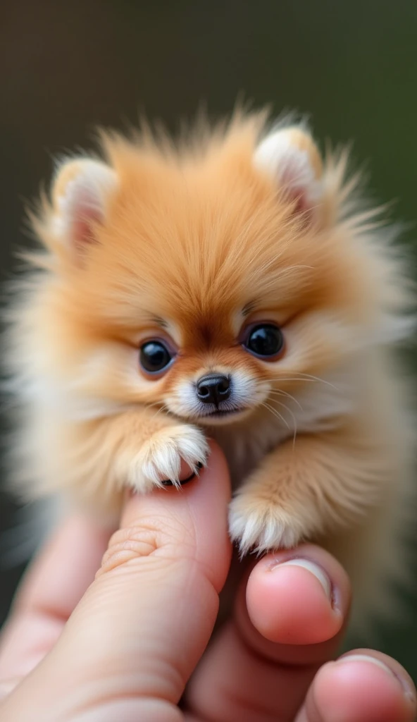 Photorealistic, 34k, A micro baby pomeranian perched on a human finger