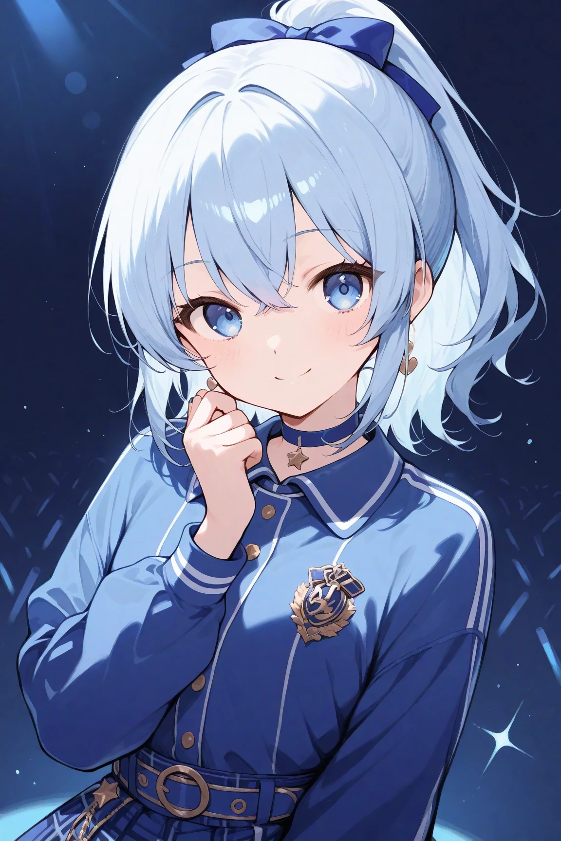 Relatively relaxed background，Short hair that reaches the neck in creamy white，Blue pupils，Two semicircular necklaces with yellow edges and milky breath，Wear the magical school student uniform that combines white and blue，She is a beautiful high school girl anime style, anime style like faay night, clean and meticulous anime style