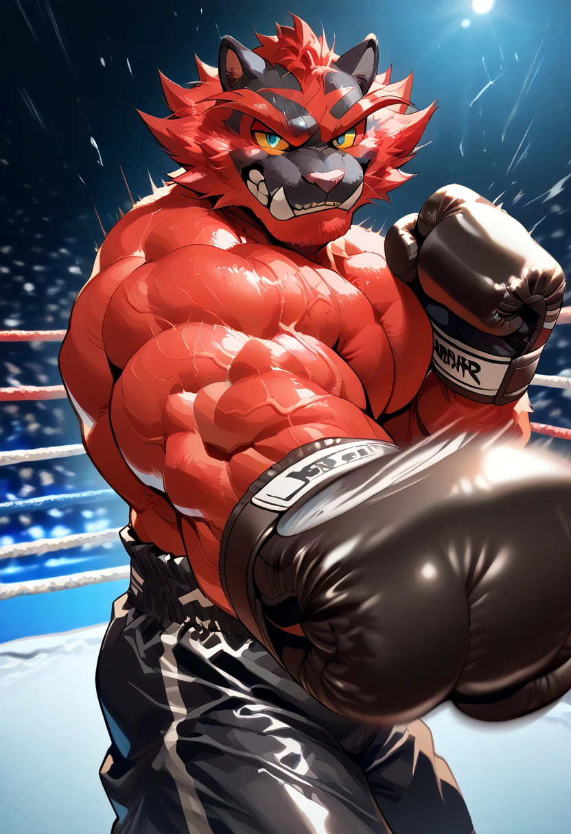 (anthro male dragon), muscular and athletic, wearing red mma gloves and matching boxing shorts, (bruised and battered with sweat dripping down his face), a powerful punch landing right on the muzzle, knocking a tooth out, intense action shot with motion blur.
