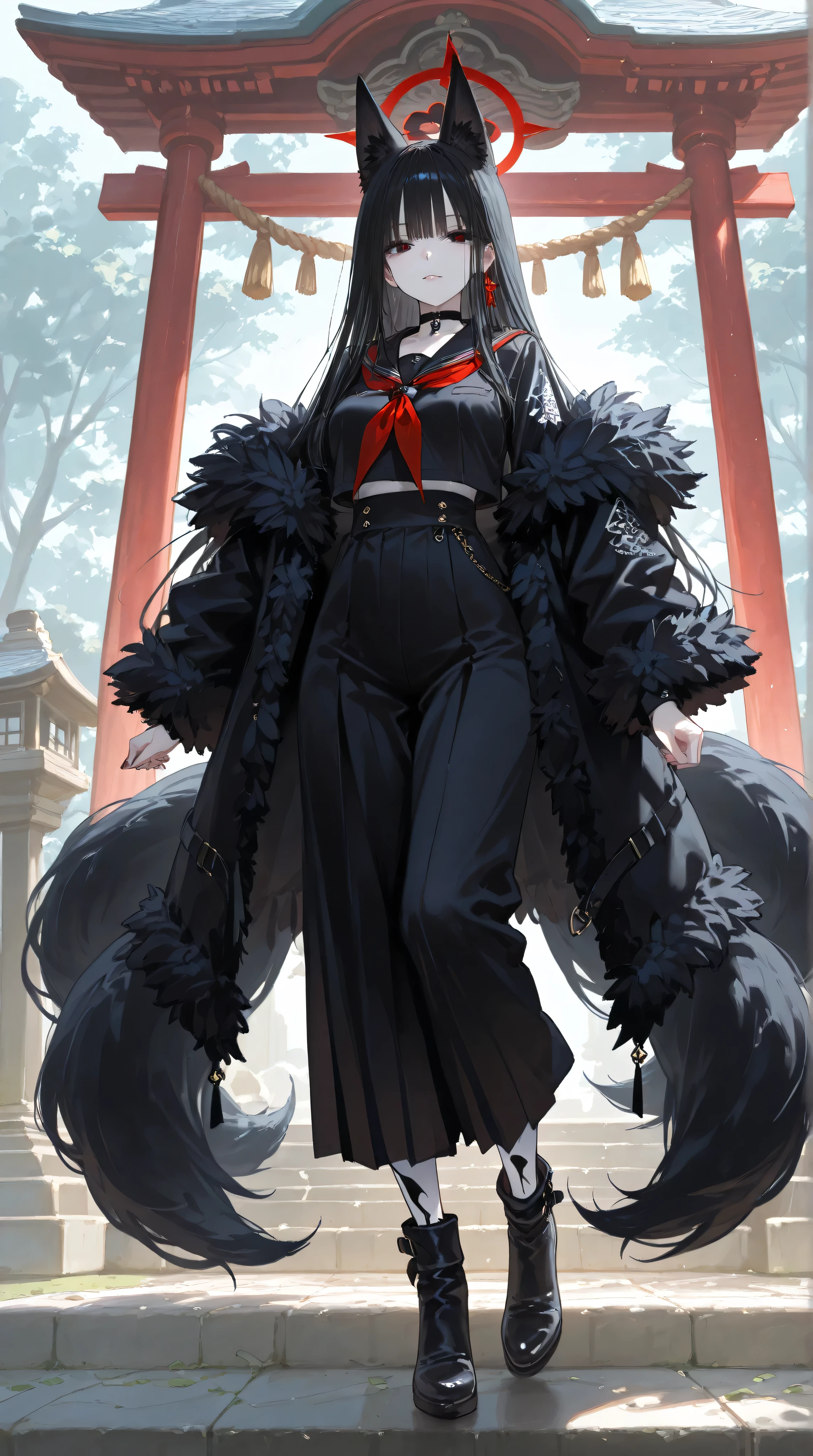 long black hair、 eyes without light 、Dark Eyes、black sailor suit、white skin、full body、Nine tails、fox tail、Feather coat、shrine