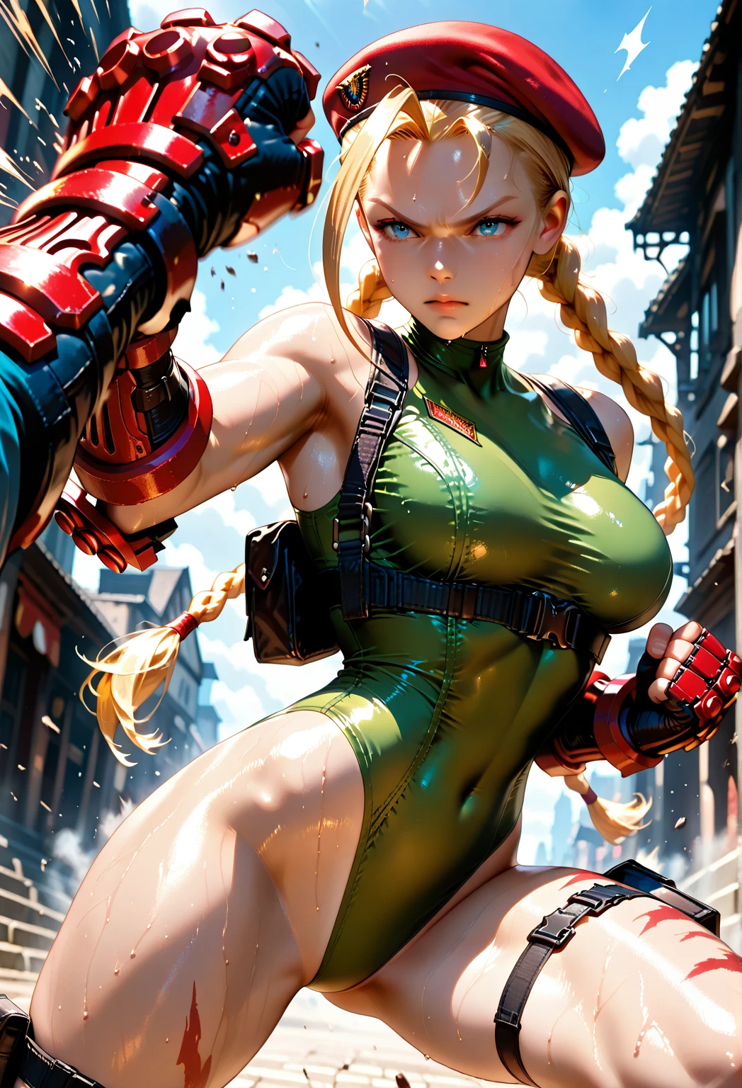 Cammy with big breasts and long beautiful legs is standing blushing.。