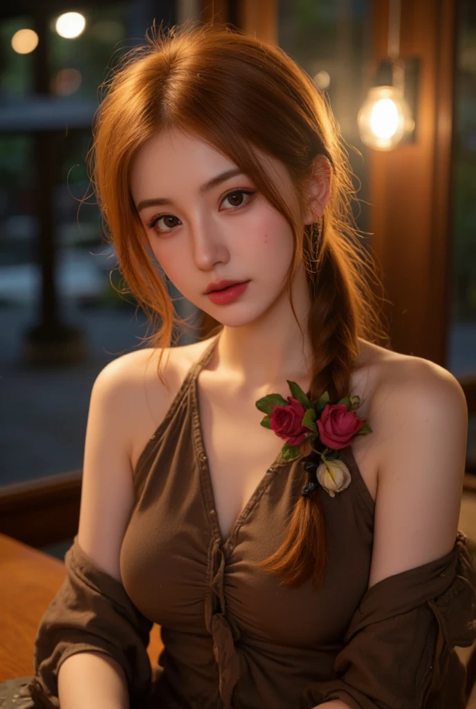 (masterpiece, highest quality), Aeris FF7, 1 girl, alone, (very long hair, brown hair, dutch hair, Braided ponytail), looking at the viewer, (Big Eyes:1.2), bow, ribbon, jewelry, ((natural mid breast:1.2)), (green eyes:1.2), hair ribbon, Braid, flower, hair bow, side lock, parted lips, bracelet, (Jacket, Open Jacket, open clothes, lips, short sleeve, red Jacket, cropped Jacket),(long dress, pink dress), Depth of the bounds written, white flower, realistic, nose, cowboy shots, garden, colorful flower, Natural Light Portraits, morning sunlight