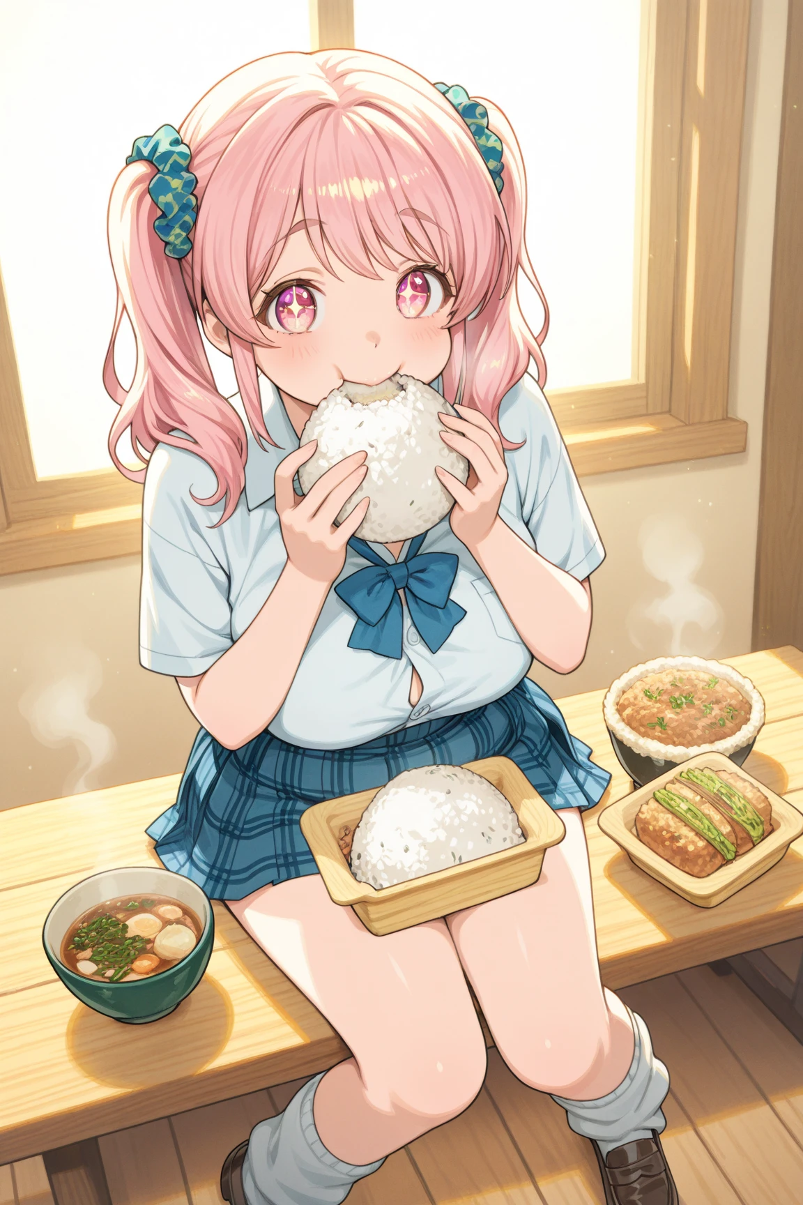 masterpiece, best quality, ultra high resolution, highly detailed, anime-style, soft warm lighting, cozy and heartwarming mood,  
Sachika, a joyful and chubby gyaru with a plump body, round and fluffy face, thick eyebrows, soft pink eyes, golden twin-tails with pink streaks,  
wearing a loose-fitting school uniform – unbuttoned white shirt, plaid pleated mini skirt, white loose socks, loafers, leopard scrunchie,  
sitting at a wooden table, holding an oversized rice ball bigger than her face with both hands, taking a big bite with sparkling eyes,  
expression: adorable and content smile, puffed cheeks, looking directly at the viewer with pure happiness,  
lighting: warm morning light or soft indoor glow, gentle bloom, food steam rising from the rice ball,  
background: simple and cozy dining area, light wood textures, sunlight through the window, maybe other food nearby like pickles or miso soup,  
tags: Sachika, chubby gal, oversized rice ball, joyful expression, viewer interaction, cute eating scene, warm anime aesthetic, food comfort
