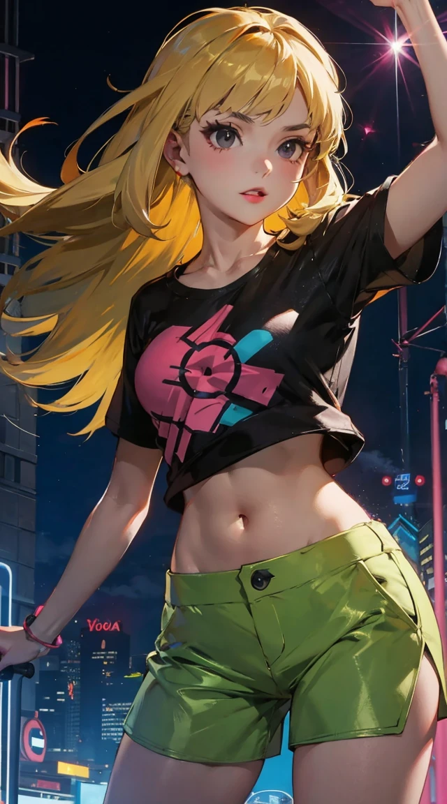 optimal,masterpiece,high resolution,best quality,Ultra HD,Very detailed,The award-winning,16K,Solitary,(Upper Body),Correct anatomy,Beautiful cyberpunk girl,Cowboy shooting、Cute face,,Blonde、Long hair、Double tail、Weaving, hairline,((Scarlet eyes)),Long eyelashes,Drooping corners of the eyes,White skin,((Shot from below)), ((t-shirt:1.5)), Clock top、((Clear nipples))、Rocket , (Large Breasts),(because I'Thin),