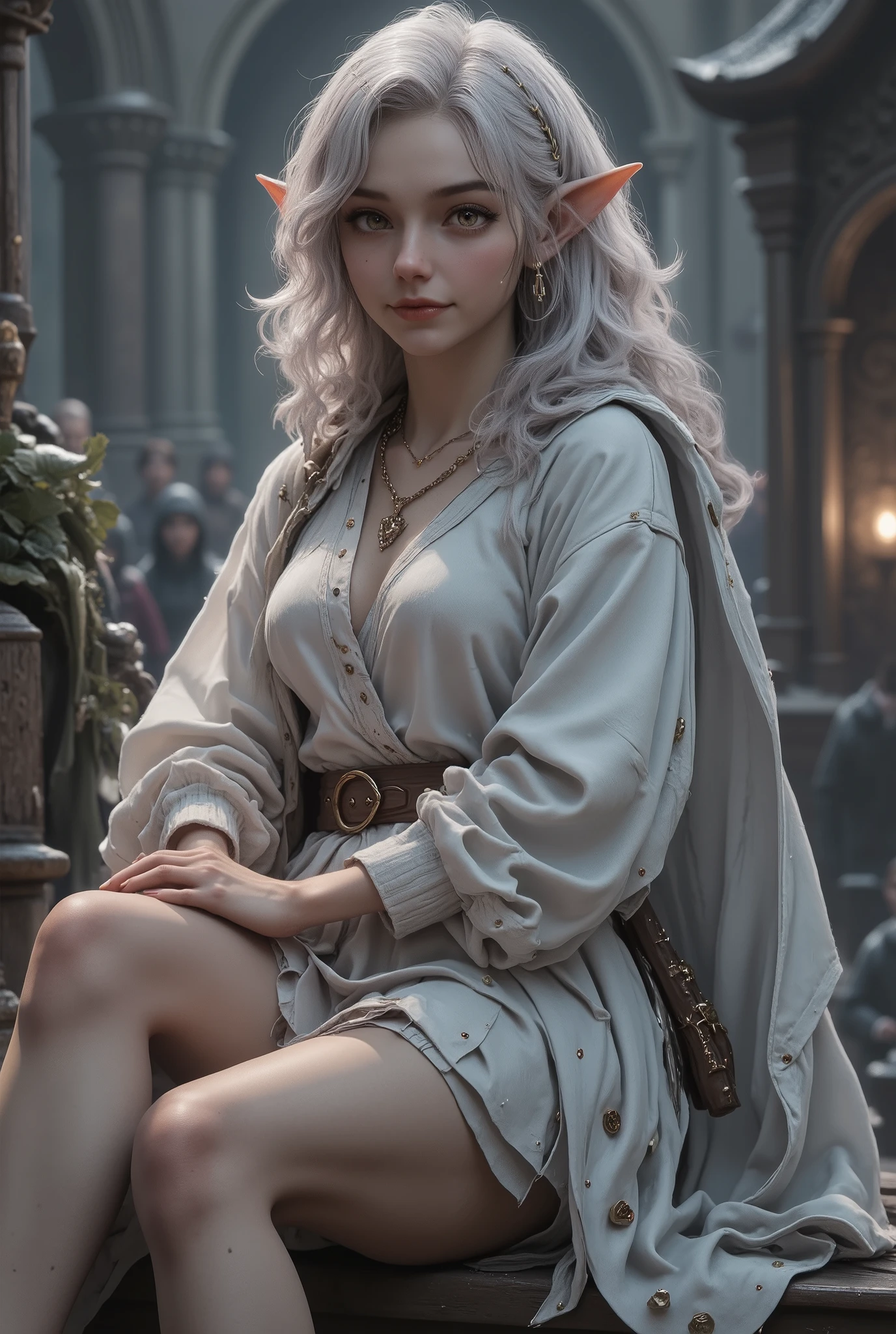 beautiful birch hair、short hair，Elf girl with glowing ivory eyes、dark fantasy、Sacred、pointed ears、BIOLOGICALLY CORRECT、smile、medieval white robe，cloak，I'm showing off my legs 、fine skin、long hair、light、reflection、beautiful legs ,  great detail of body and face in a sensual and erotic pose.  detailed depiction of the background and environment.  red lips,  sensual. On top of the tower，Overlooking，