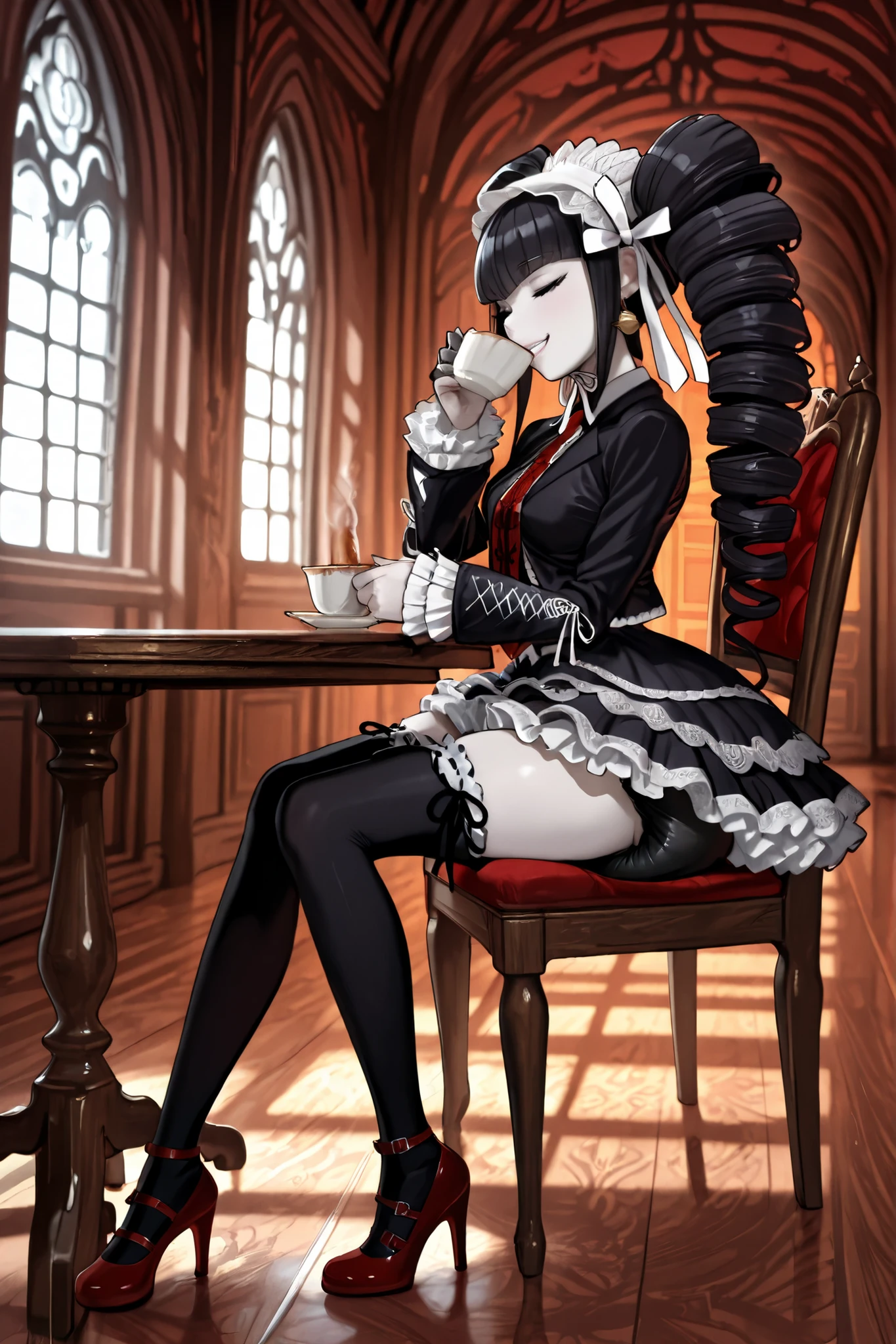 masterpiece, best quality, amazing quality, absurdres, very aesthetic, high resolution, interior, gothic mansion, porch, from side, full body, celestia ludenberg, pale skin, eyes closed, perfect face, cute grin, black hair, long hair, twin drills, drill hair, blunt bangs, gothic ta, bonnet, black frilly blazer, red necktie, frilly black microskirt, petticoat, (black diaper with white frills), black thighhighs, frilled_thighhighs, red_footwear, mary janes, high heels, jewelry, claw ring, earrings, sitting, on chair, drinking tea, table