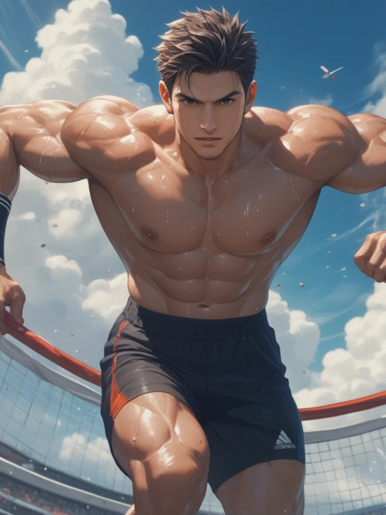 masterpiece, ((masterpiece)), Best quality, complex parts, expressive eyes, perfect face, detailed face, Highly detailed and fine figurine, ultra-realistic, detailed body, detailed pectoral muscles, ((Male focus)), detailed muscles, convex, не носить топы A handsome boy, , athletic build, ideal body, aesthetically beautiful, erotically tempting, seducing, offering himself With a beautiful sexy tango panti With round perfect buttocks, muscular, sweaty after a workout, In a Venetian mask with peacock and bird of paradise feathers, In White, red and gold colors, diamond chips all over the body