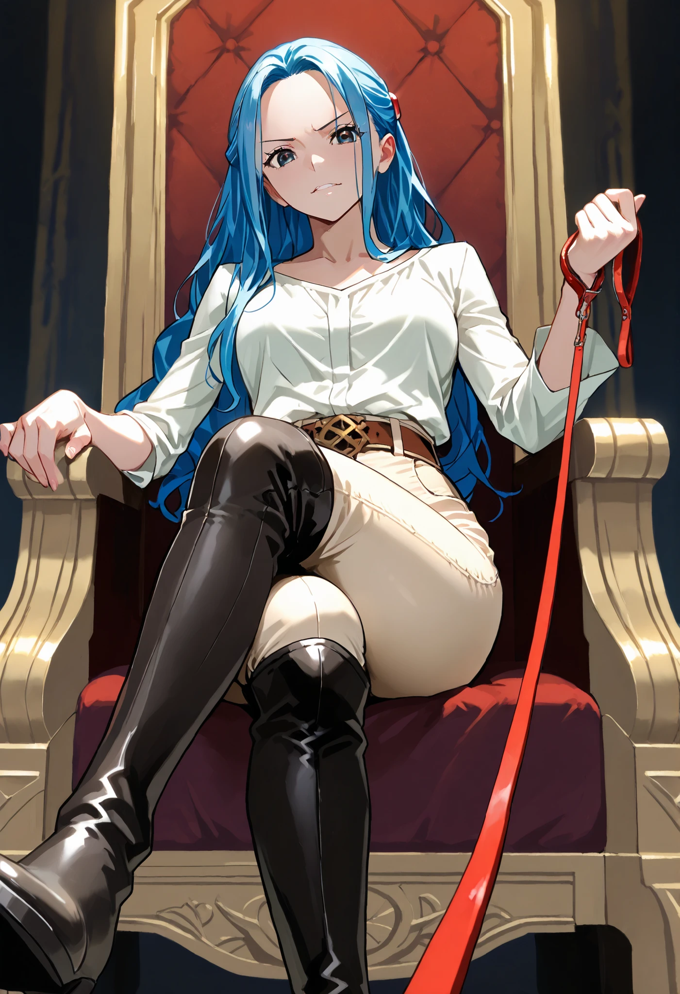 alone, solo, masterpiece, best quality, nefertari-vivi, blue hair, long hair,sitting on throne, crossed legs, dominant, evil, black boots, black thigh boots,beige pants, beige tight pants, shirt, belt, pov at boots, view from bellow, viewer_on_leash, viewer on leash