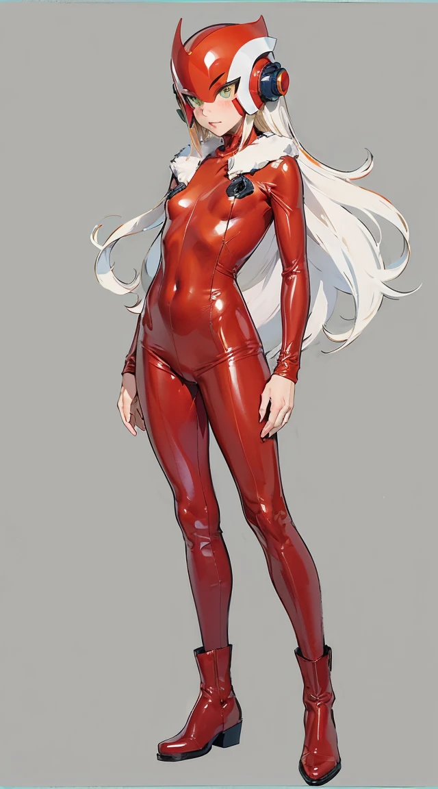 Master anime works，An impeccable masterpiece，8K picture quality: A mature noblewoman in cool sexy clothes standing on solid red background，Female boss，Flowing silver hair，Full-body standing，Slender legs，Straight breasts，Detailed facial details，Naturally beautiful standing，Vivid and authentic body details