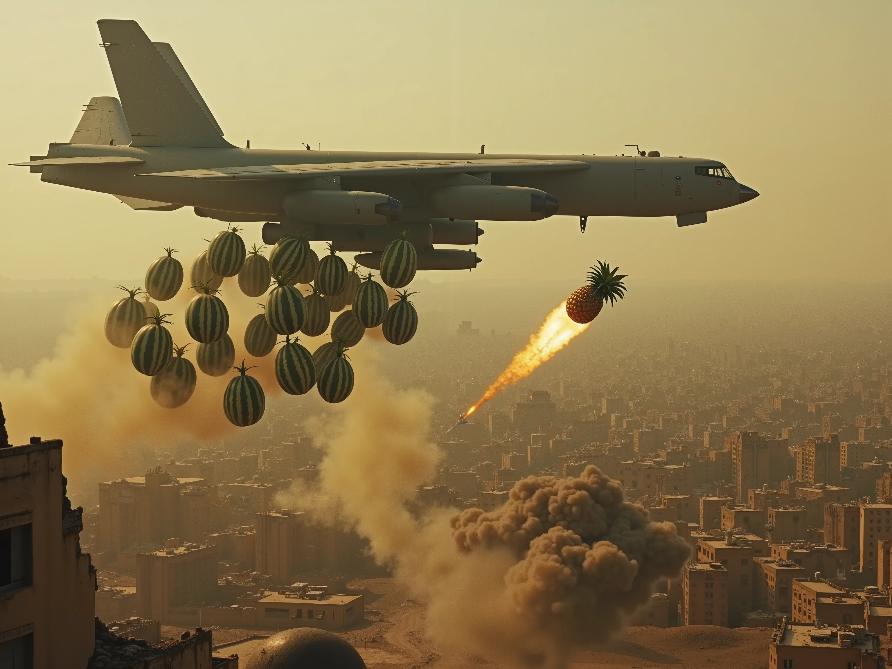 A wide cinematic side view in the gritty, desaturated style of a 1970s war film. A military bomber — boxy, rugged, and unmistakably built for combat — flies left to right across the frame, high above a crumbling, dust-covered cityscape. The bomber is shown in profile, its tail ramp open as a cascade of giant striped watermelons falls behind it in mid-air, spinning toward the fractured streets below. From the ground, a rocket-propelled pineapple streaks upward on a trail of smoke and fire, arcing toward the bomber with deadly precision, just moments from impact. The city below is bleak and battered, dotted with skeletal buildings and trails of rising smoke, giving the scene a surreal mix of pulp war drama and fruit-fueled satire.
