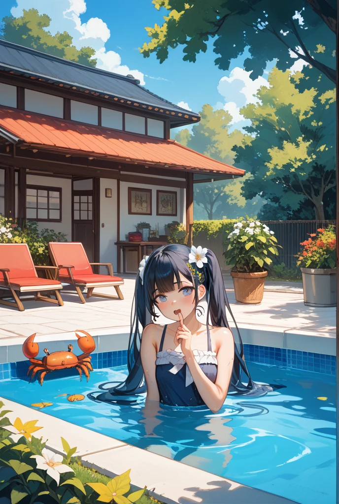 There is a young man wearing a hat and swimming in the pool.、Made by Yumei、beautiful digital artワーク、colorful digital paintings、beautiful artwork illustrations、beautiful digital illustrations、stunning digital illustration、[4K digital art]!!、anime art wallpaper 4k 、anime art wallpaper 4k、Vivid digital painting、beautiful digital art、gorgeous digital art