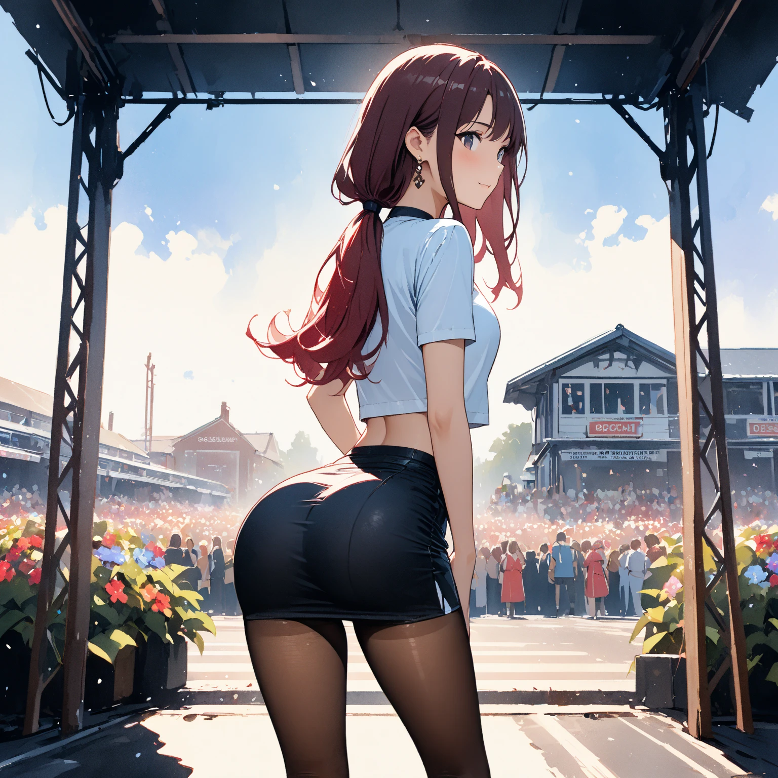 ((Highest quality, 8,000 people, masterpiece:1.4)), (1 female), ((Very small face:1.3)), (Very large cleavage:1.4), Pocket Dan Pink Cosplay, (Wavy hair fluttering in the wind:1.3), Innocence, Pure, stockings, ((Highest quality, 8K, masterpiece:1.3)), (Perfect Body Beauty), White Background, (look back), Ultra-mini pleated skirt, Thin legs, panties, Golf Wear, 私は後ろをlook back, 彼女はlook back, Big Ass,
