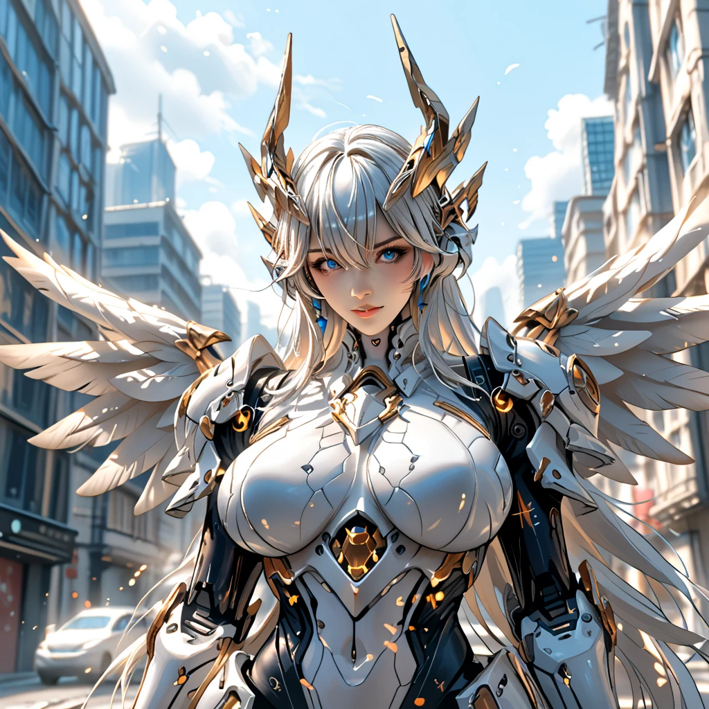 2 female,whaite hair、Long fluttering hair、strong winds、a purple eye、Radiant eyes、mechanical angel、Large metal wing、Shining angel ring、steampunk girl、Colossal tits、The face and chest are alive、Visible nipple。photoRealstic、Portfolio、White latex set、White porcelain body、Steampunk metal mech set、Combat cyborgs、Sumerian details、metals、Detailed mechanical components、Bundle of Thin Tubes、Metal cylinder、Detailed neon、Fine LED、Fine parts、cow boy shot、Character edge light、