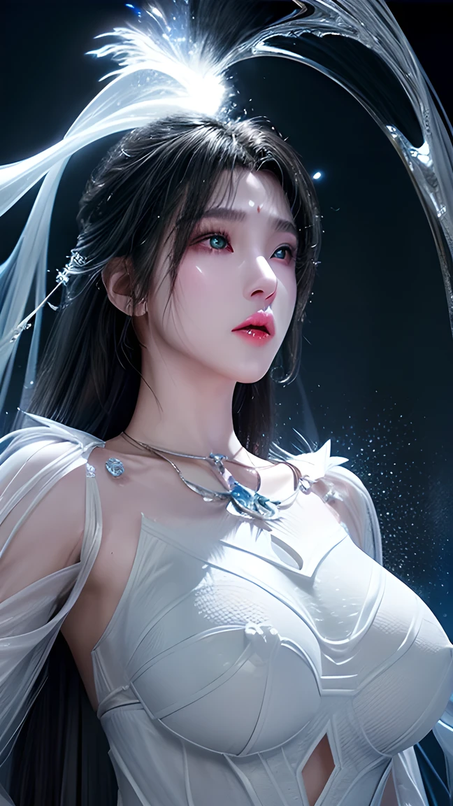 white cape,Upper body shot, front facing, exquisite appearance, complex liquid smoke chaos storm, white with red part, Broken glass, particle explosion , Light, bioluminescent liquid particles, muscular, highly detailed, rainy background, symmetrical arms ,big breasts,big , Mouth Closed