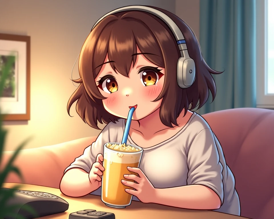 Anime cute chubby gamer girl brown hair, brown eyes, big boobs wearing cute glasses eating gelato seductively in her room wearing a comfy sweater with snacks