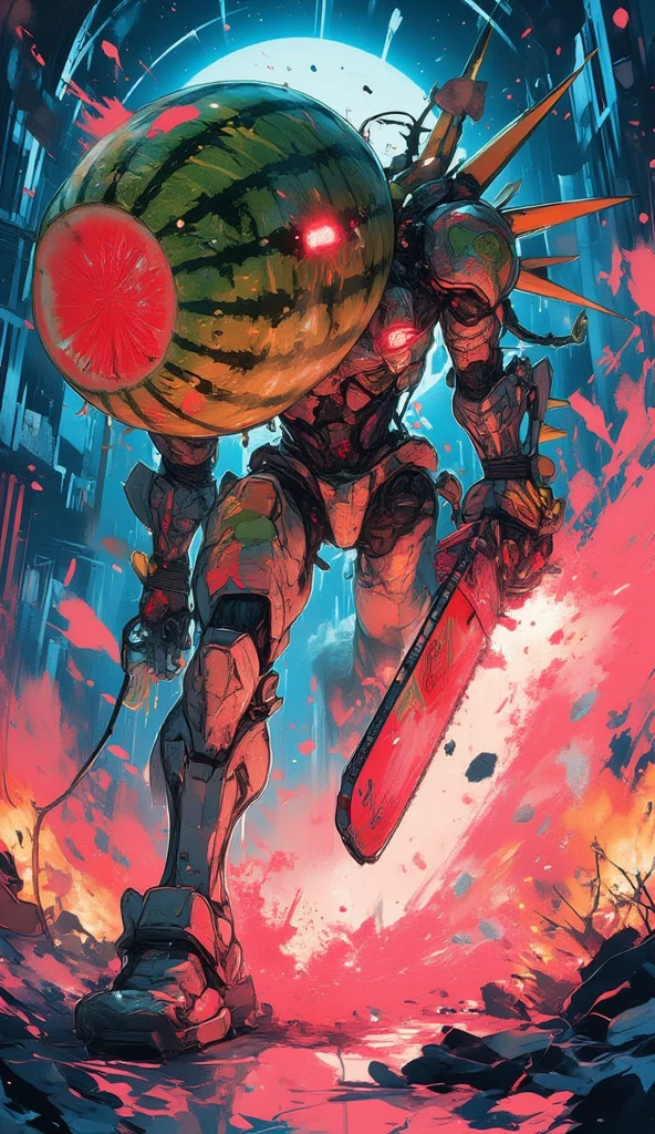 A futuristic cyberpunk battlefield illuminated by neon lights, a towering mecha robot made of glowing watermelon armor, its surface dripping with sticky juice, holding a massive watermelon bomb in one hand and a strawberry chainsaw revving with red sparks in the other, the robot's body is adorned with jagged kiwi spikes and pineapple grenades, cables sparking with electricity, the ground beneath cracked and reflecting the neon glow, a chaotic explosion of fruit juices splattering everywhere, ultra-detailed, cinematic lighting, vibrant colors, high-tension atmosphere, sci-fi destruction aesthetic

