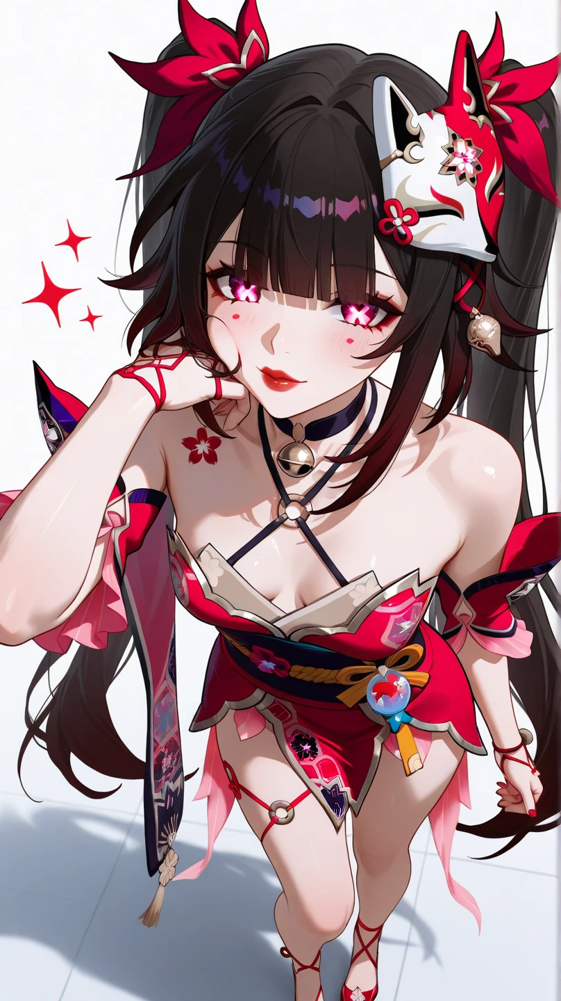 anime artwork, score_9, score_8_up, score_7_up, score_6_up, score_5_up, score_4_up,sparkle \(honkai: star rail\),1girl, twintails, black hair, medium breasts, red eyes, red eyeshadow, fox mask ,
, , , , she is 24 years old, , ,horny, , , , style_3, ,,, floox style, white background,, standing on one leg, , from below, deep skin, foot focus, foot on viewer, disgust, hands crossed under chest, angry, disgusted
presenting foot ,wet foots, Sparkle is a young woman who has black hair that is tied into two high pigtails with a red tie. Her hair reaches her hips and has pink tips, fringe middle bangs, and two locks in front, with the left lock reaching her collarbone and the right lock reaches her shoulder. She has fluorescent pink eyes with a light colored butterfly detail under her pupils, a small cherry blossom flower tattoo on her right collarbone, and tiny black dots under each of her eyes. Additionally, a white-and-red Kitsune mask is at an angle on the top of her head, which has a pink flower gem on its forehead. Below it, a bell is tied into her hair, with another bell hanging off a black neck piece.