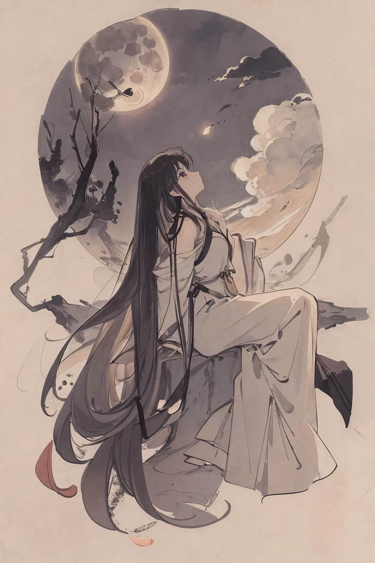 Masterpiece, best quality, night, hills, clouds, full moon, long hair, woman, silhouette, firefly.